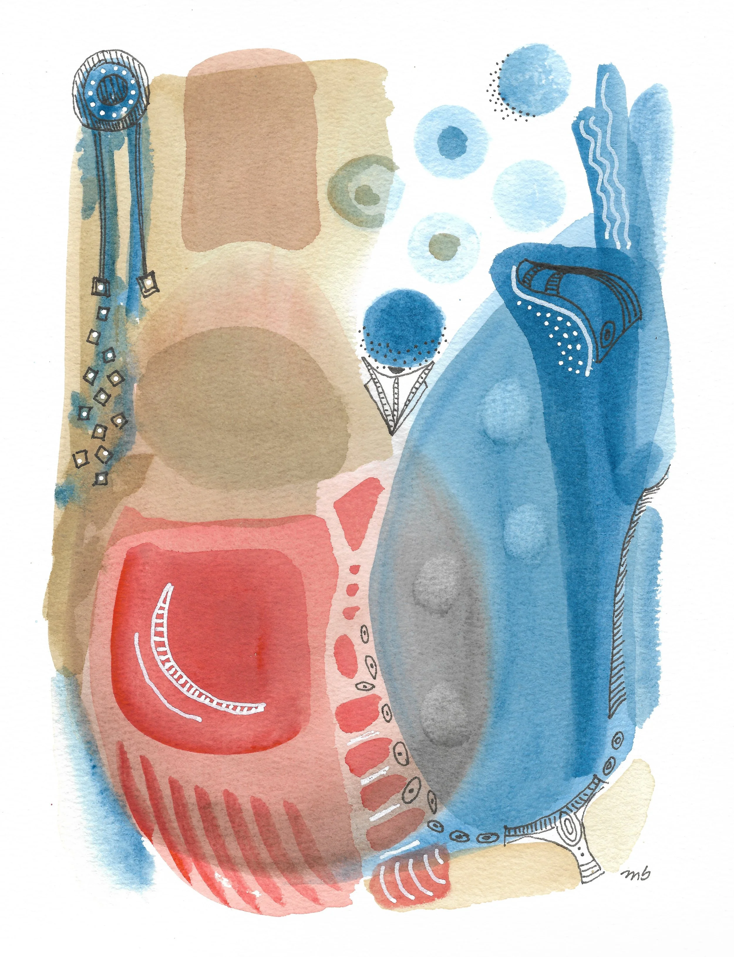 Itapua # 3 Harmony in Blue and Earth Watercolor Art  18 x 25 cm