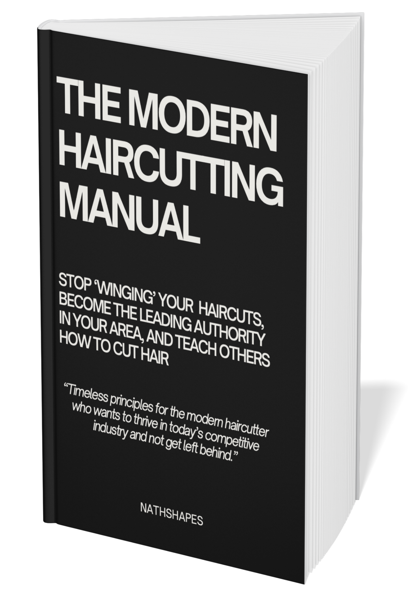 Cover of a book titled 'The Modern Haircutting Manual' by NATHSHAPES, with text about haircuts and industry principles.