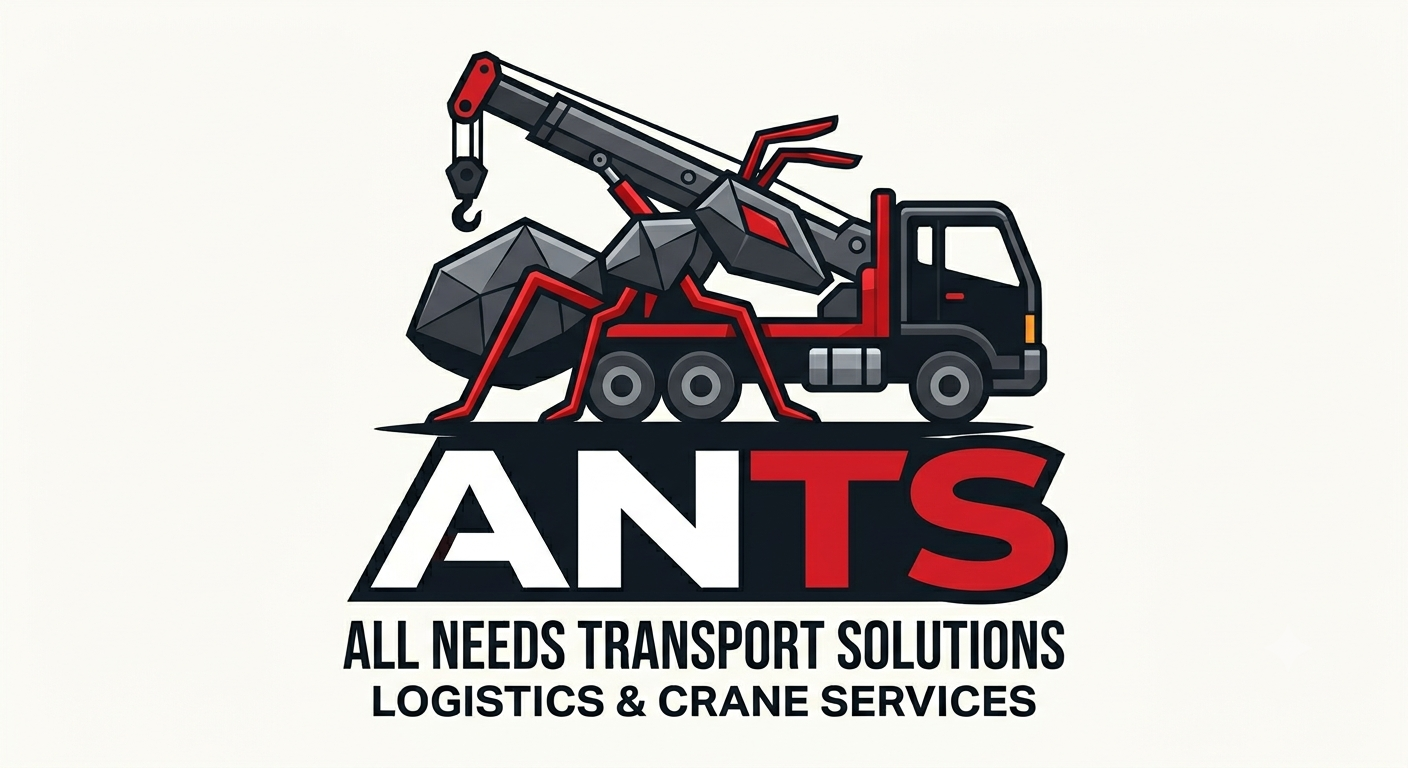 All Needs Transport Logo. A stylised ant on the back of a crane truck