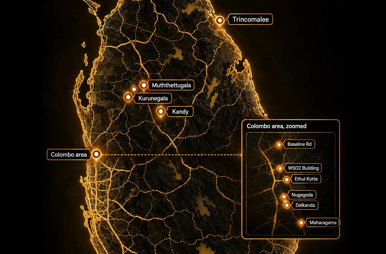 A digital map of Colombo, Sri Lanka, with highlighted locations and roads. Notable points include Colombo area, Trincomalee, Muththettugala, Kurunegala, Kandy, and neighborhoods such as Baseline Rd, WSO2 Building, Ethul Kotte, Nugegoda, Delkanda, and Maharagama.