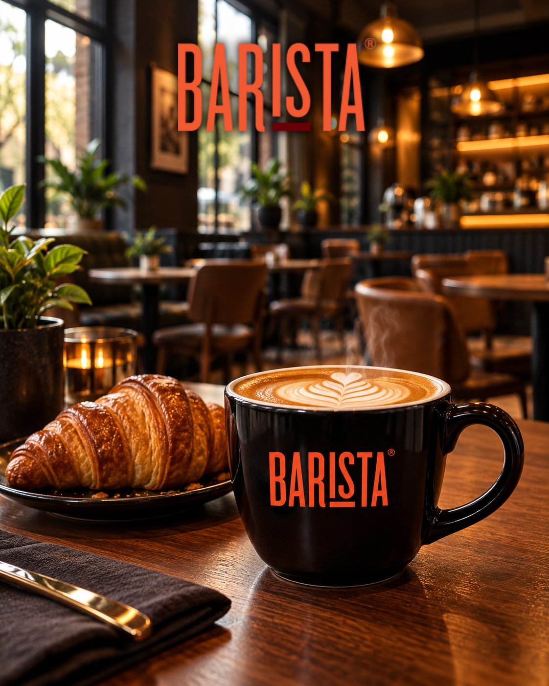 A coffee shop scene with a black mug of latte art and a croissant on a wooden table, indoors with warm lighting, plants, and seating in the background