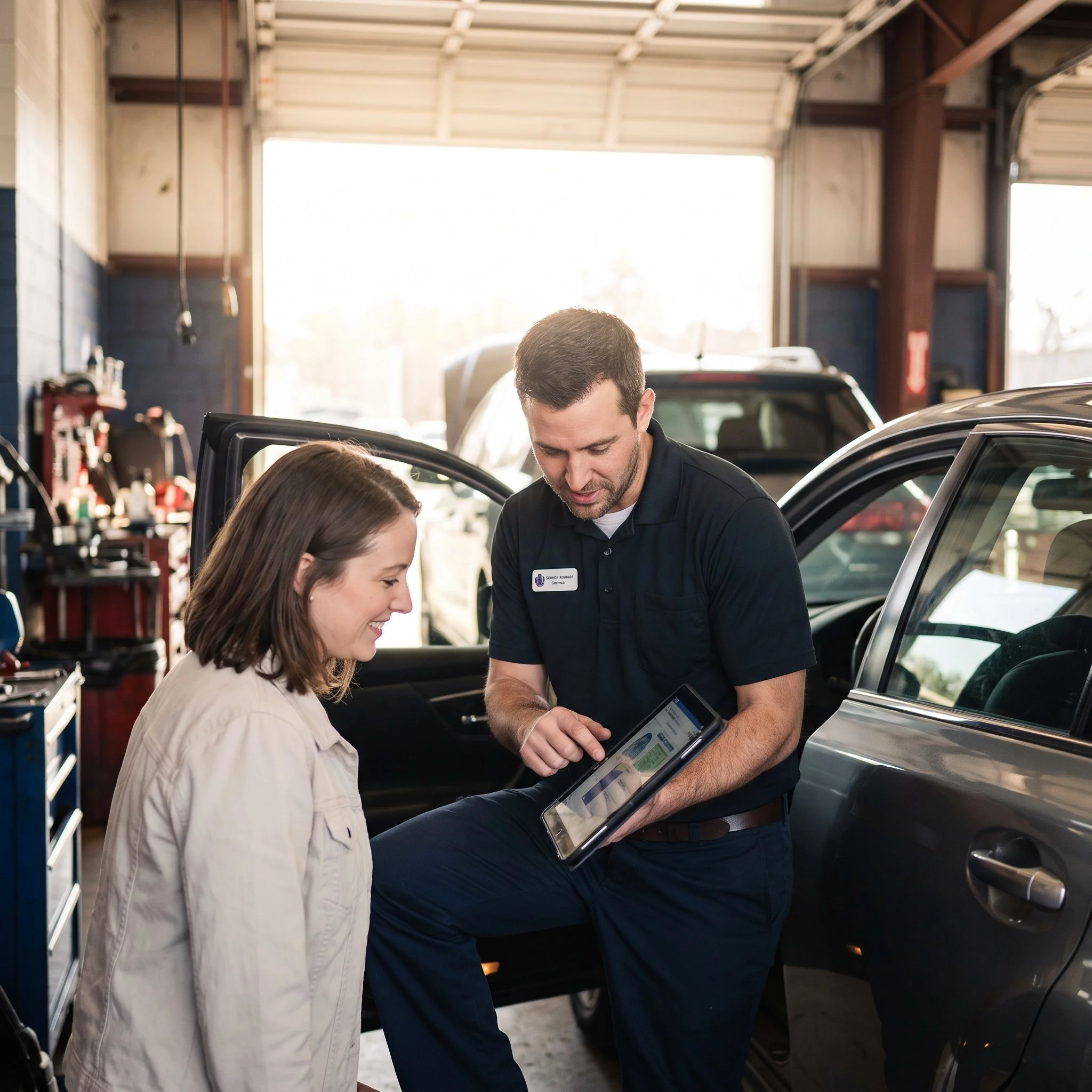 A man and a woman standing next to a silver car inside a garage or workshop, looking at a tablet device.