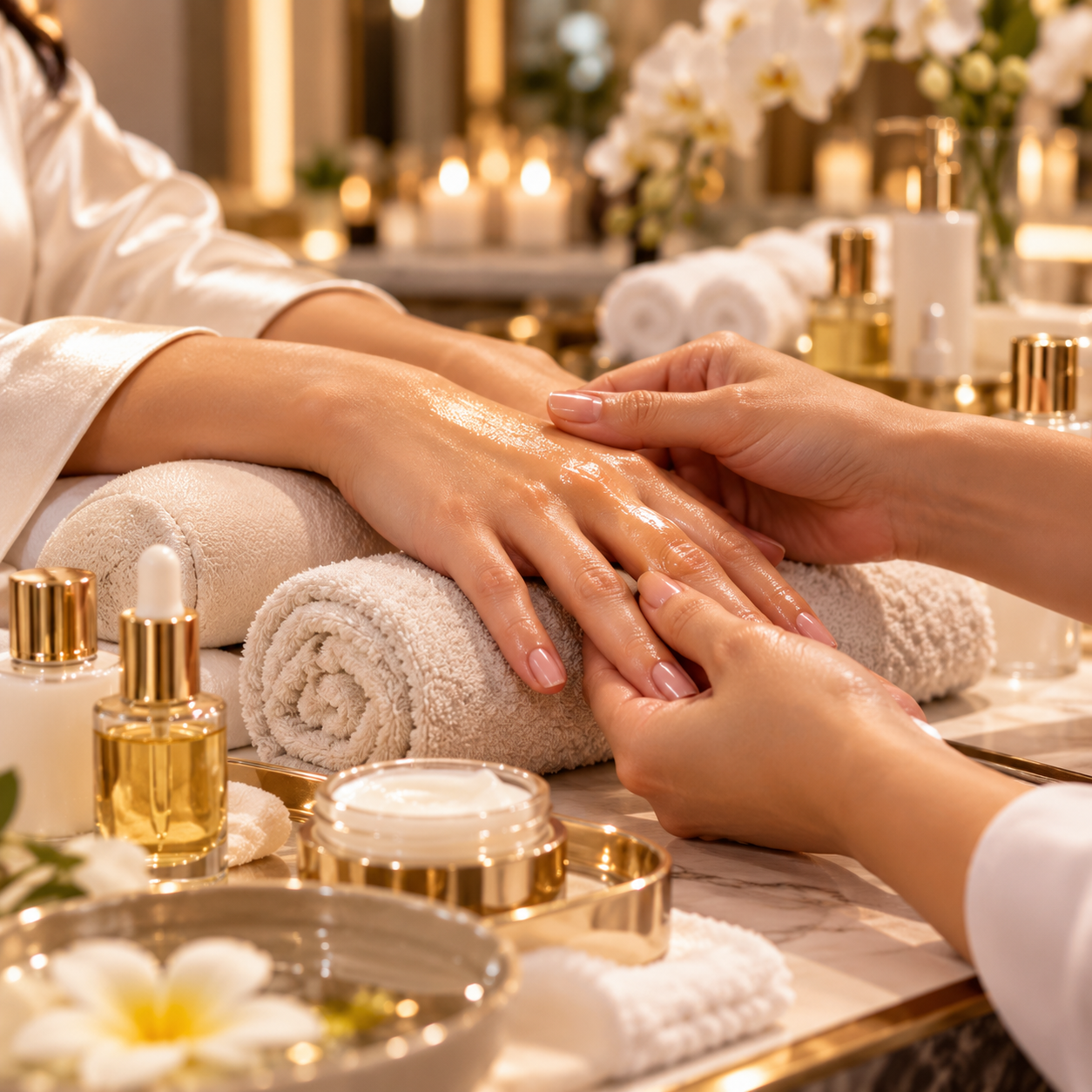 Person receiving a hand massage in a luxurious spa setting with candles, flowers, and skincare products.