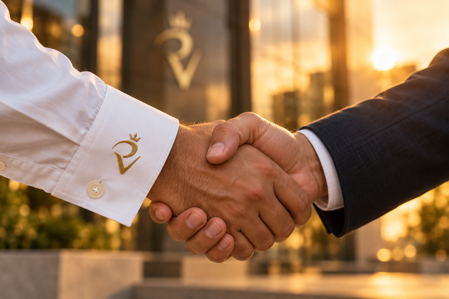 Close-up of two people shaking hands, one in a white shirt with a gold logo and the other in a dark suit, with city buildings and sunlight in the background.