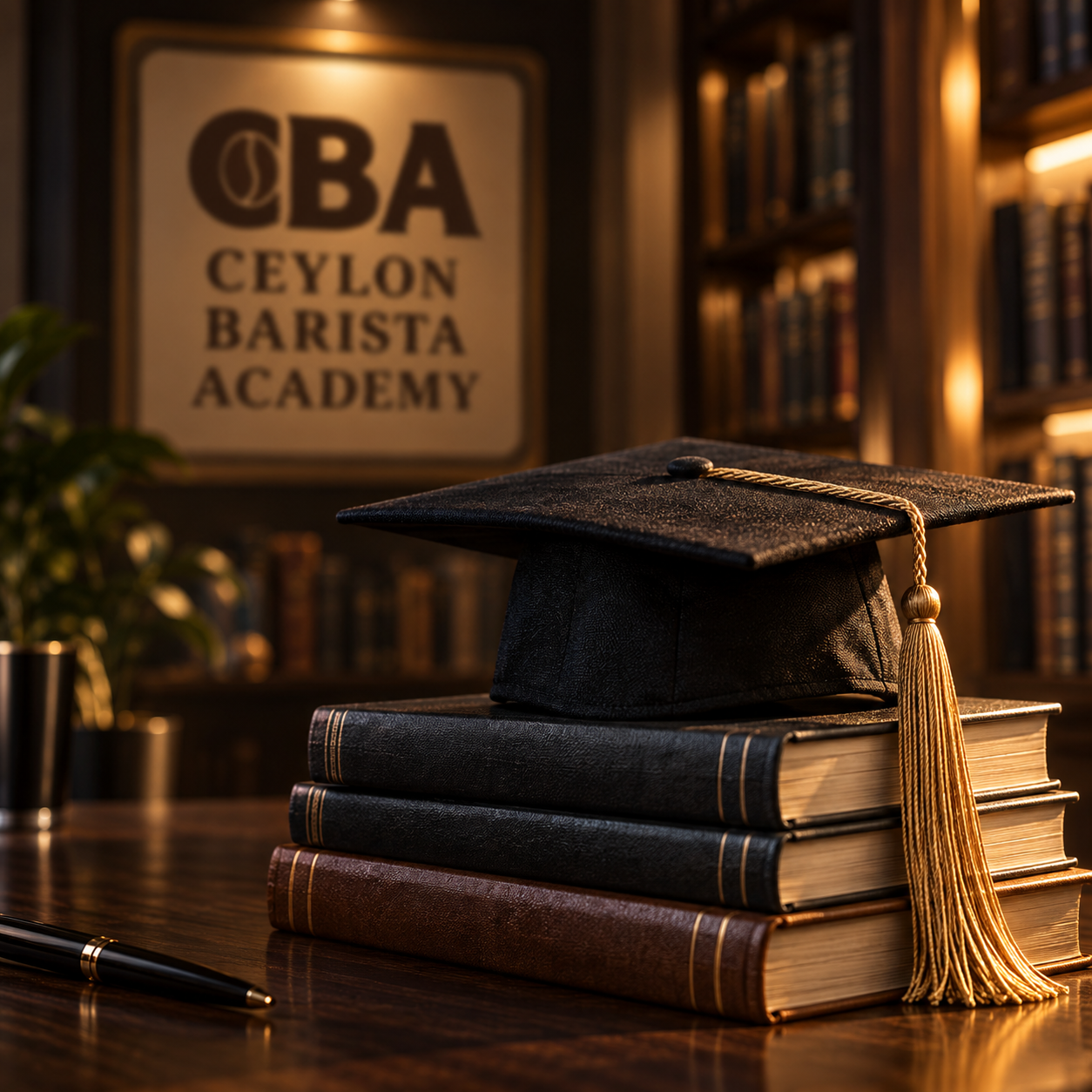A graduation cap placed on top of stacked books on a wooden desk, with a pen nearby and a background of bookshelves and a sign reading 'CBA Ceylon Barista Academy'.