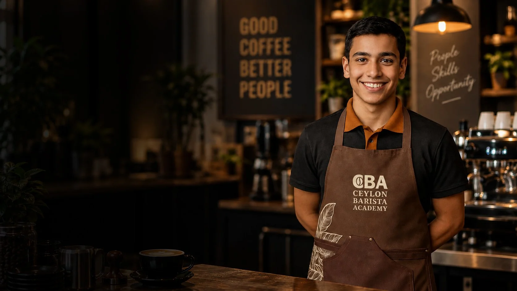 A young male barista with short black hair and a dark shirt, smiling, standing in a coffee shop wearing a brown apron with the text 'CBA Ceylon Barista Academy.' Behind him, there are coffee brewing equipment and a wall with the words 'Good Coffee Better People' and 'People Skills Opportunity' on it.