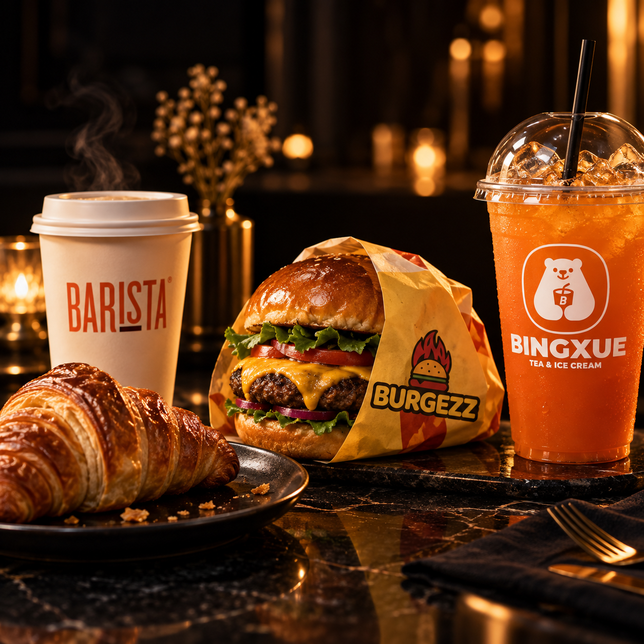 A meal setup with a croissant, a burger wrapped in paper labeled 'BURGEZZ,' a cup of hot coffee with 'BARISTA' written on it, and a large iced orange drink in a plastic cup with 'BINGXUE TEA & ICE CREAM' logo, on a dark marble table with warm lighting.