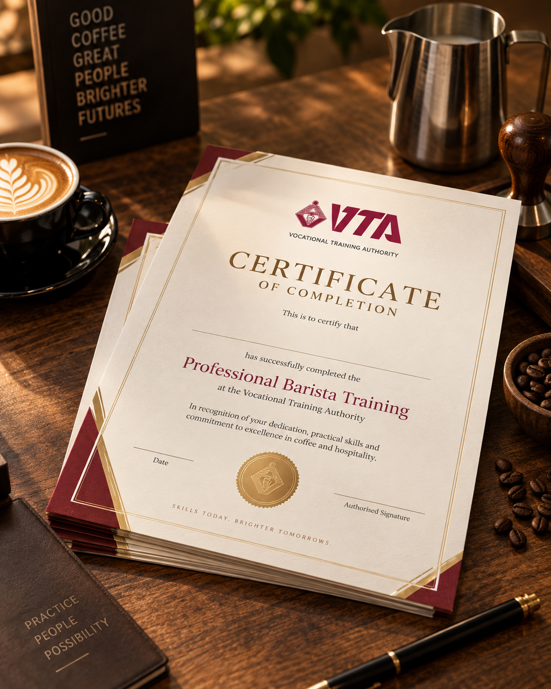 Certificate of completion from Vocational Training Authority for a professional barista, surrounded by a coffee cup, coffee beans, a coffee pot, and motivational sign.