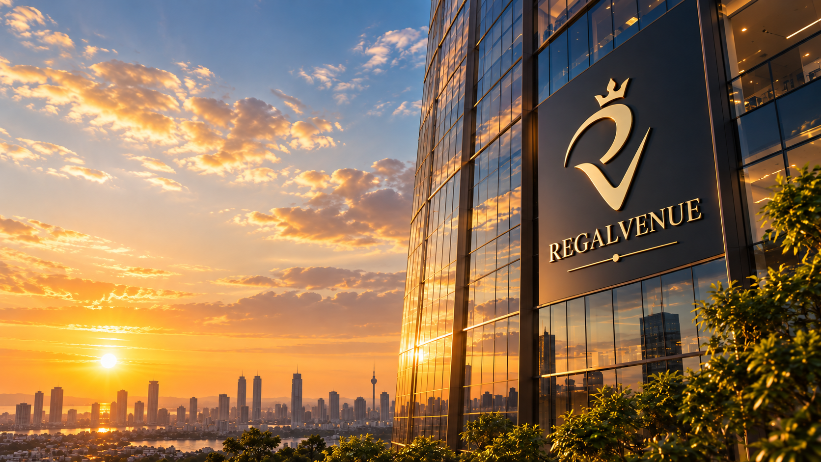 RegalVenue building with reflective glass exterior displaying the Regalvenue logo at sunset, city skyline in the background.