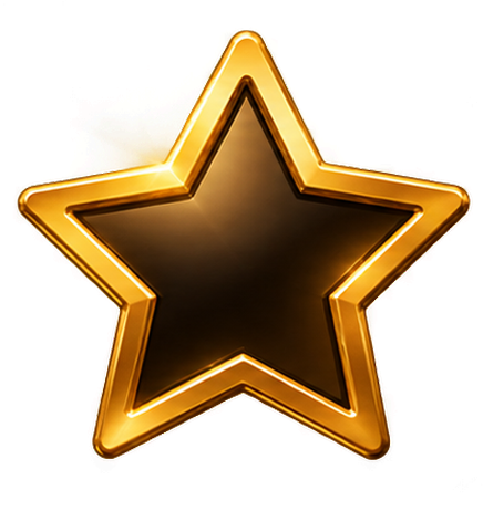 A gold star with a black center and glowing edges.