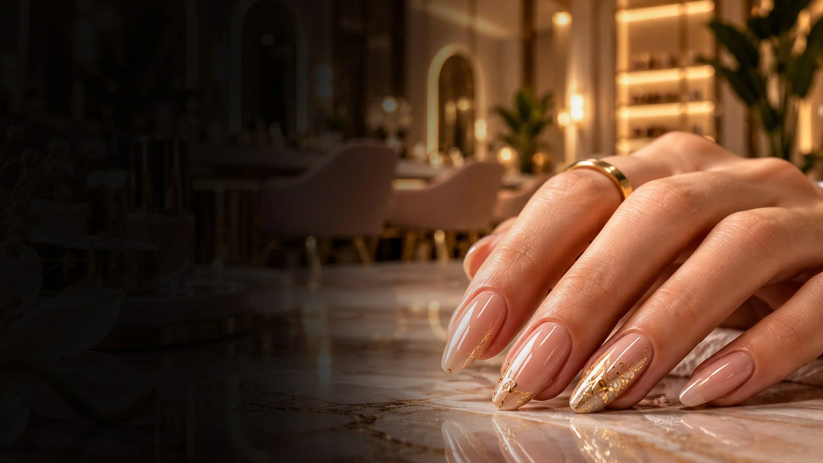 Close-up of a hand with manicured nails resting on a polished surface in a warmly lit, elegant restaurant or lounge with soft-lit shelves and chairs in the background.