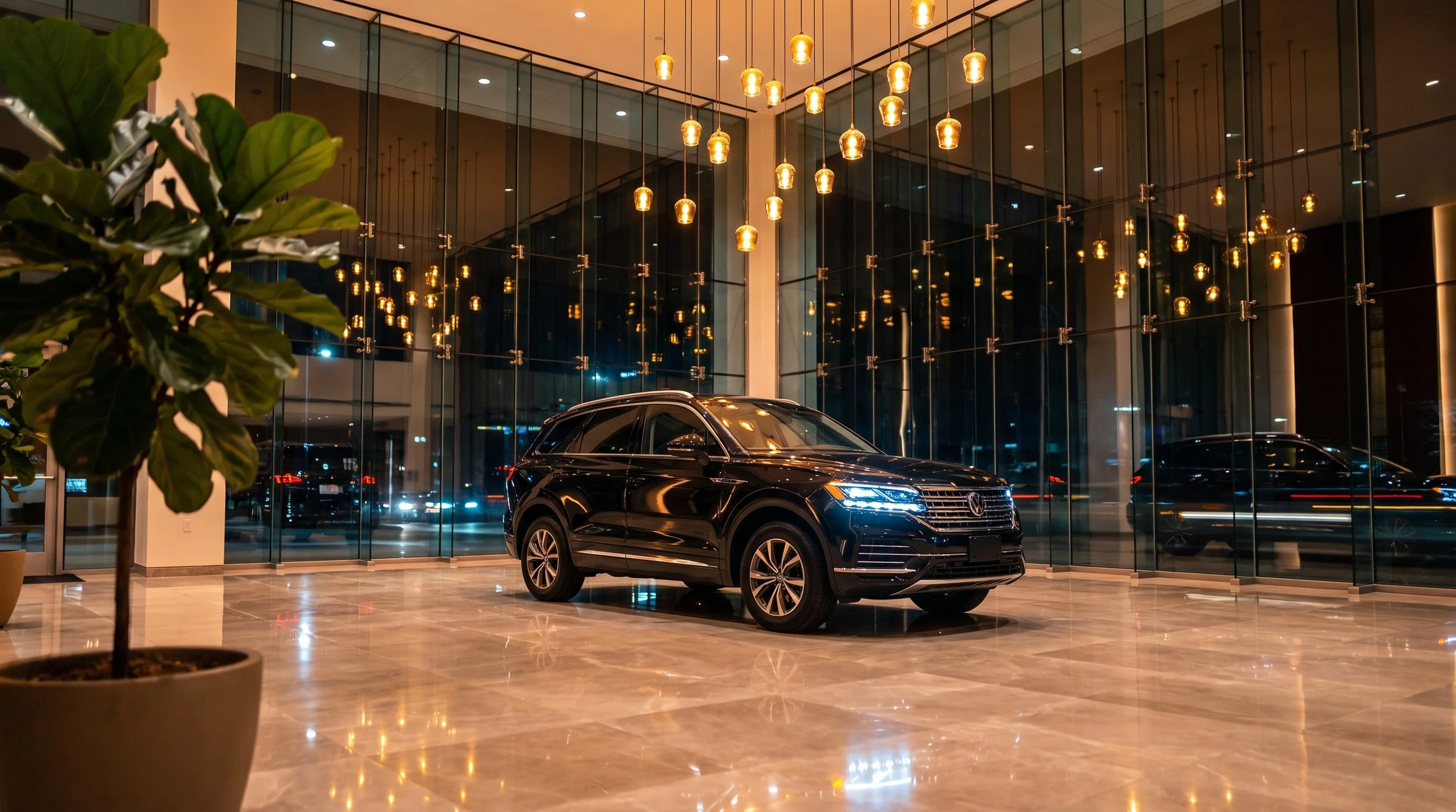 A black Volkswagen SUV in a modern, well-lit car dealership showroom with large glass windows and warm overhead lighting, with a potted plant visible in the foreground.