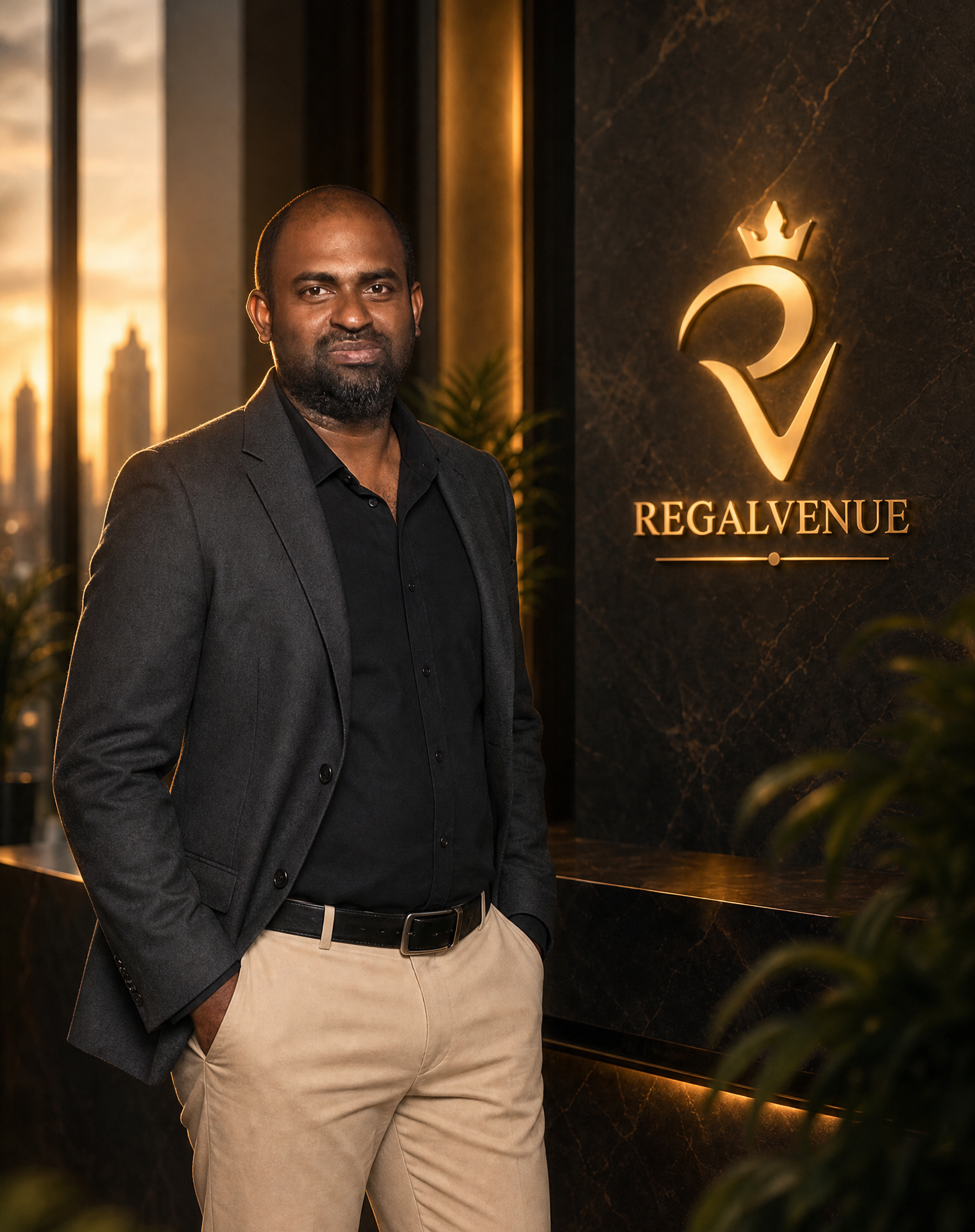 Chamikara in a dark blazer and black shirt standing indoors in front of a black marble wall with a gold logo and the word 'REGALVENU' illuminated behind him.