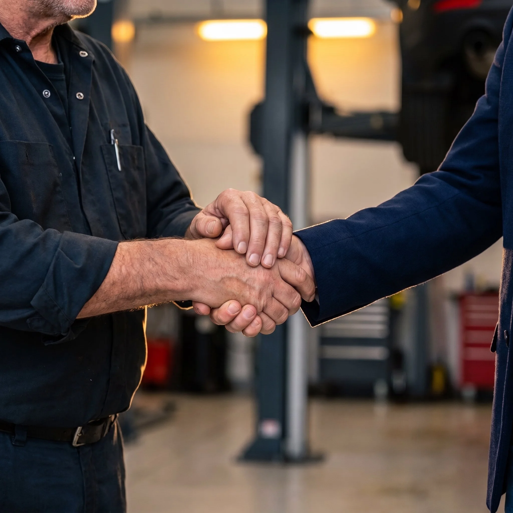 Two people shaking hands, one wearing a black work shirt and the other wearing a blue jacket, in an industrial or workshop setting