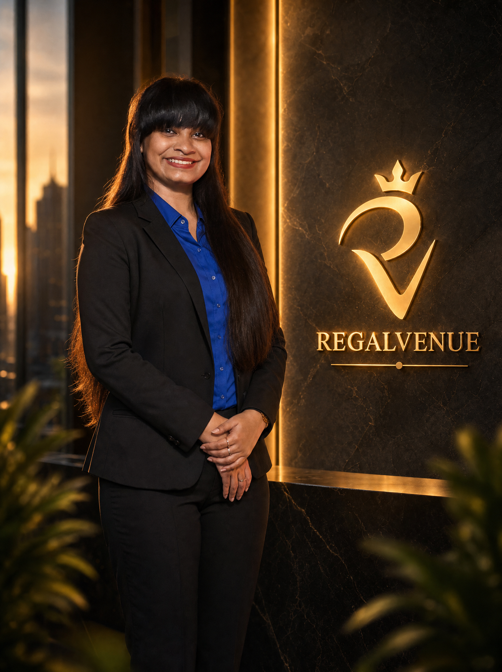 Minoli Fernando wearing a black blazer and blue shirt standing next to a black and gold sign with a crown logo and the words "Regal Venue."