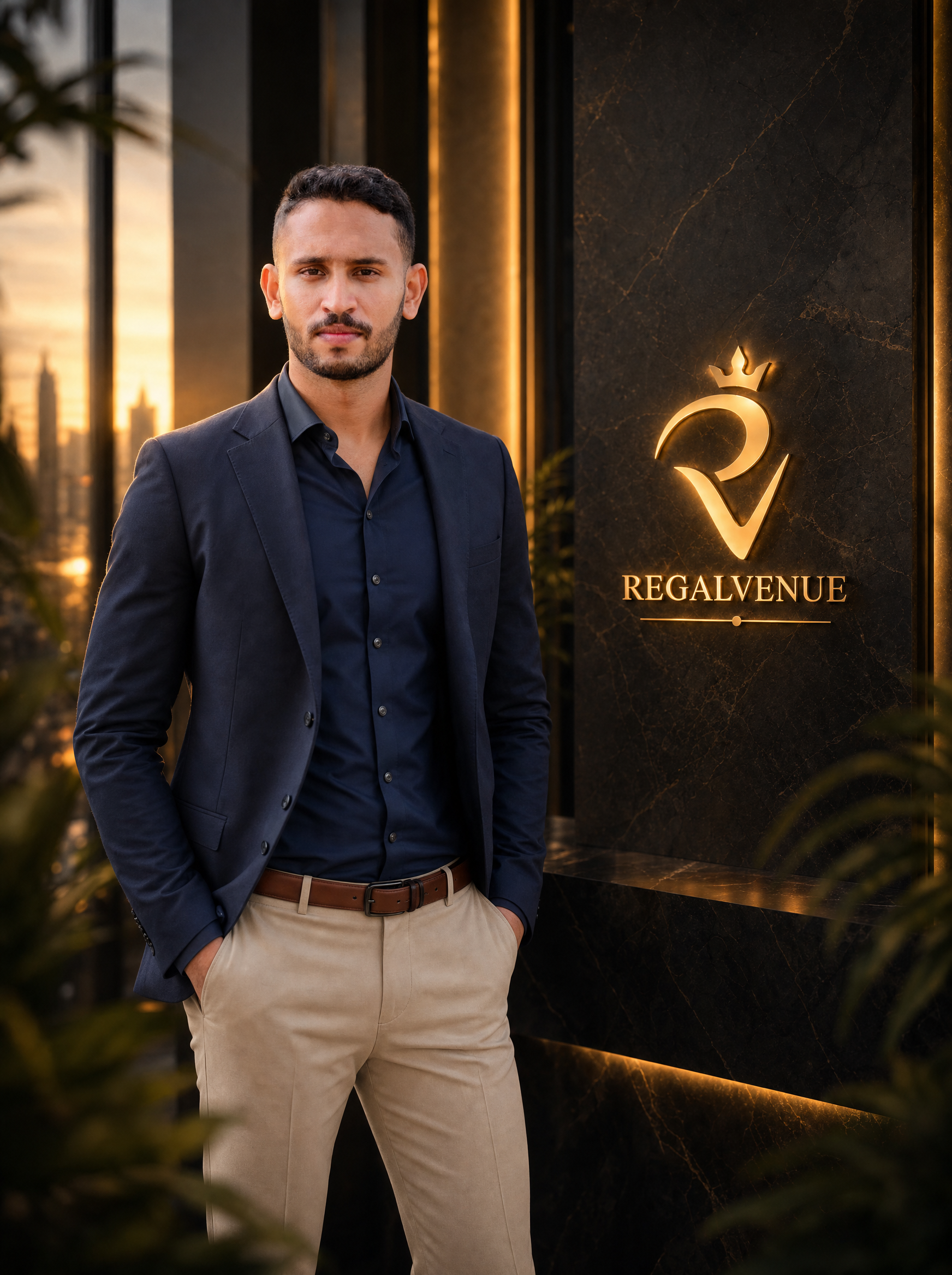 Man in a dark blazer and light khakis standing outside near a black wall with a gold logo that reads 'REGALVUE' during sunset.