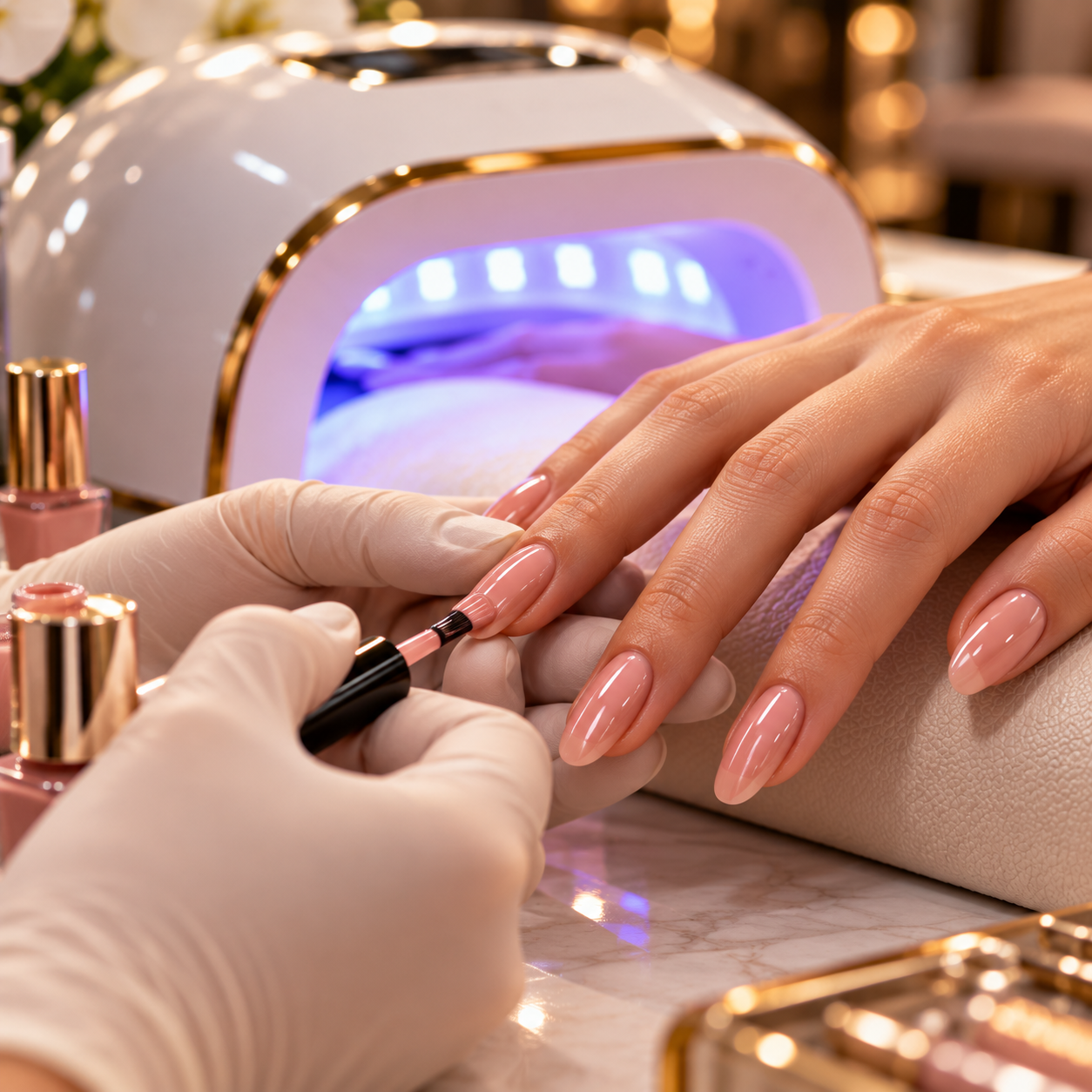 A woman getting gel nail polish applied by a technician at a salon, with a UV curing lamp in the background.