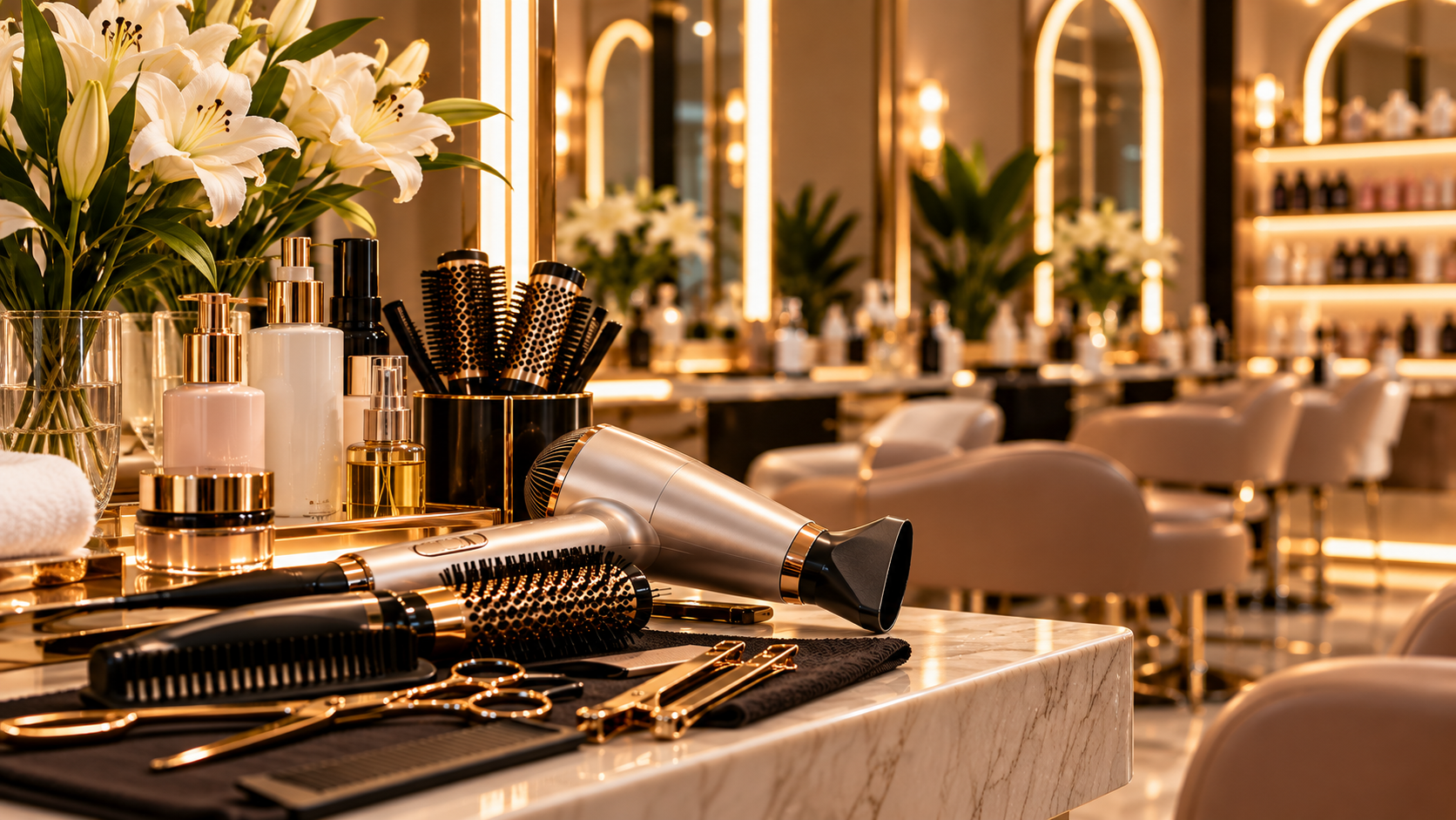 Salon workspace with hair styling tools, bottles of hair care products, a vase with white lilies, and a mirror with warm lighting in the background.