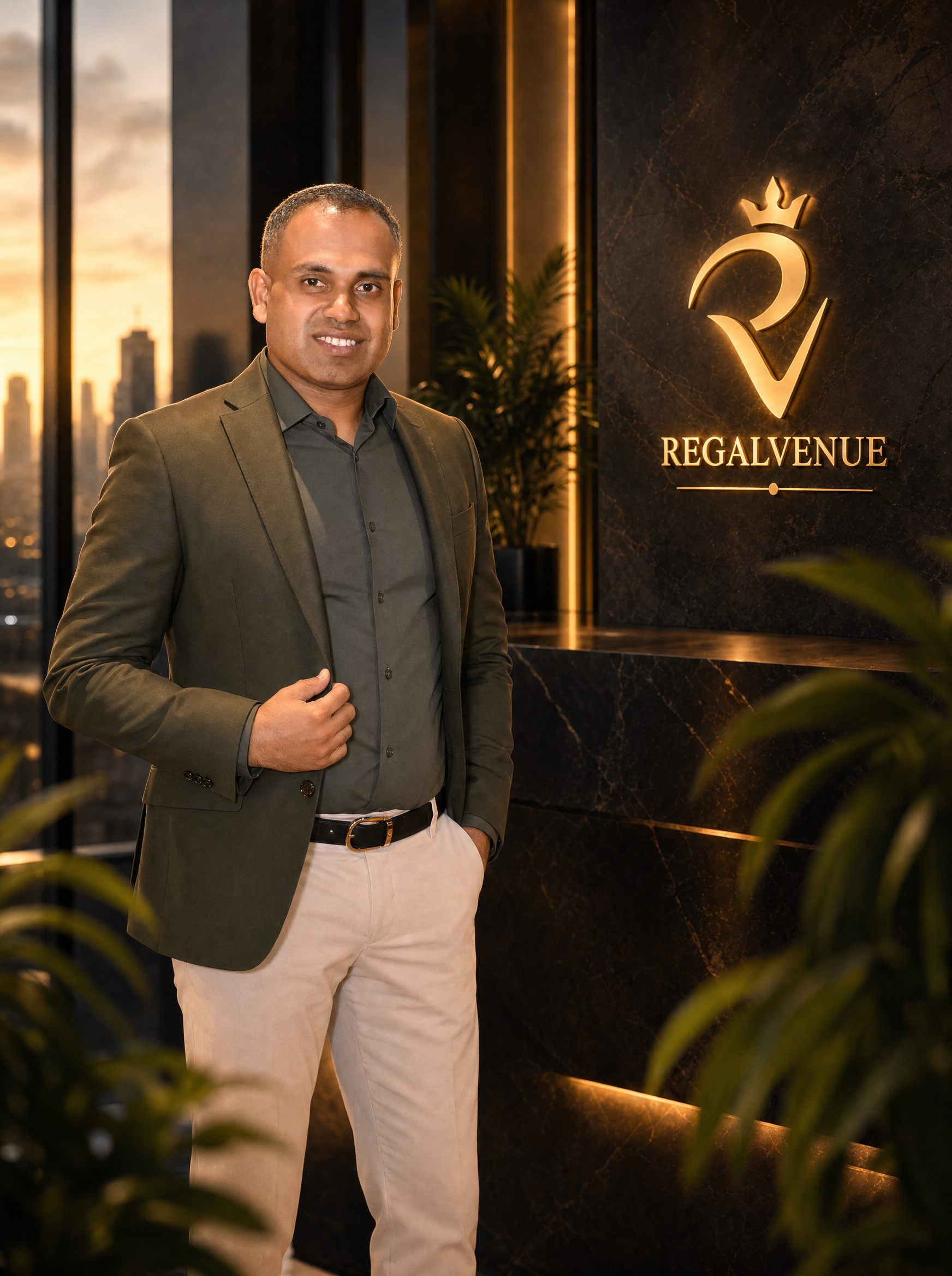 Lakmal Samarasinghe in a dark gray shirt, tan pants, and a green blazer standing indoors in front of a black marbled wall with a gold logo and the word "REGAIVENUE."