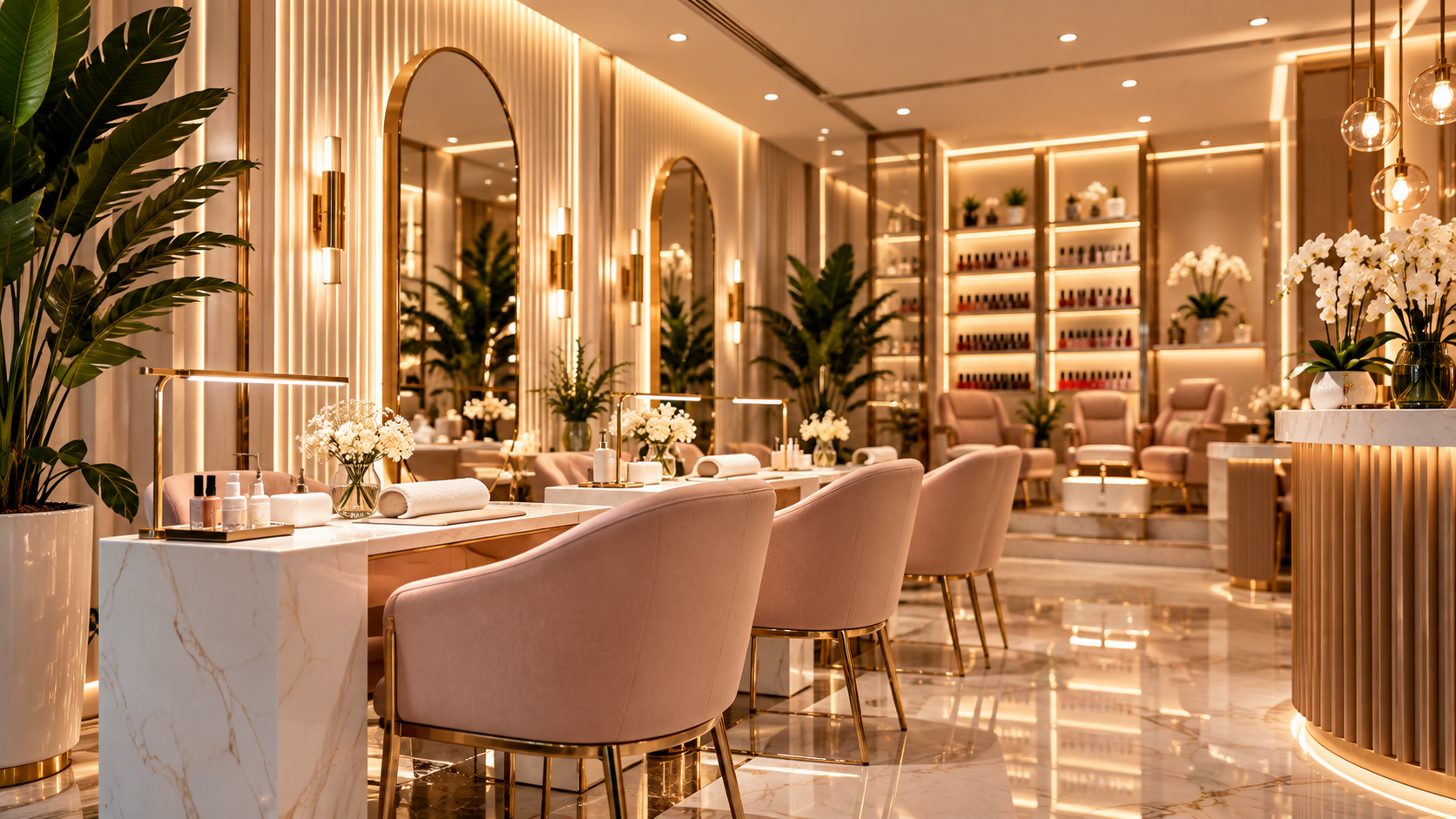 Luxurious beauty salon or spa with pink chairs, marble counters, large mirrors, elegant lighting fixtures, and floral decorations, creating a sophisticated and relaxing atmosphere.