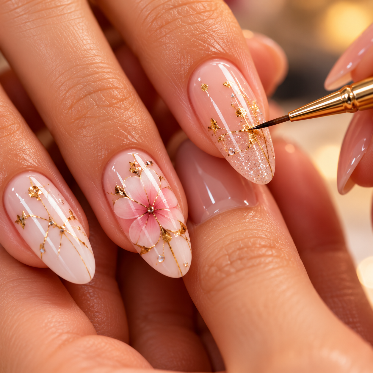 Close-up of a hand with beautifully decorated nails featuring floral and star-shaped designs, gold glitter, and tiny rhinestones, as a nail artist applies detailing with a fine brush.