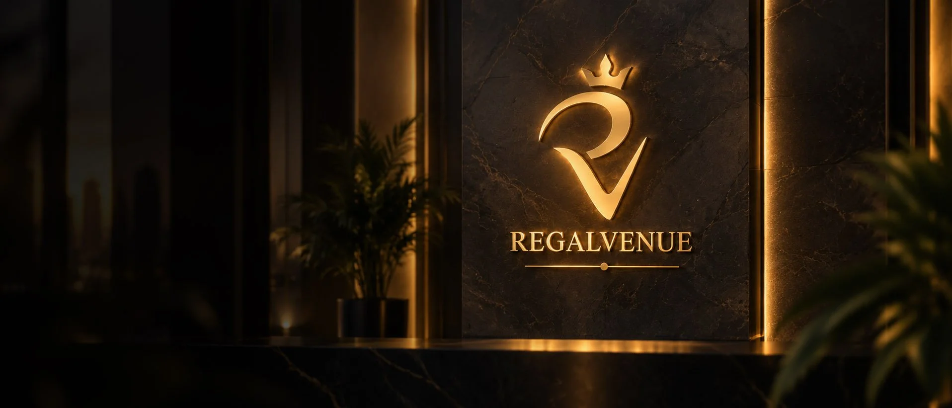 A wall sign with a stylized logo of a crown and a letter V, illuminated with warm lighting. Below the logo, the text reads 'REGALVENE' in gold lettering. The background is dark and textured, giving an elegant and luxurious appearance.