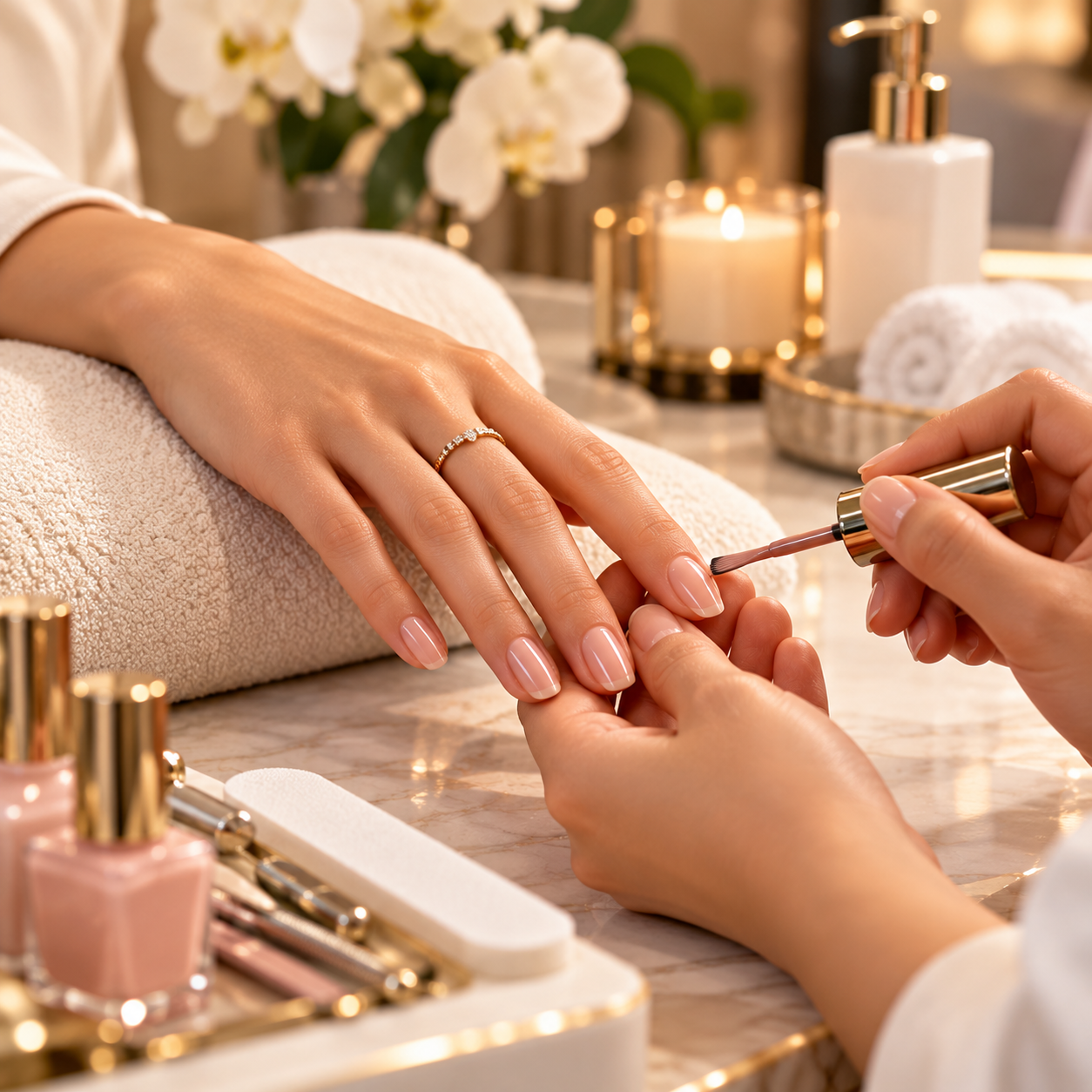 Person getting their nails painted at a spa, with beauty products and candles in the background.