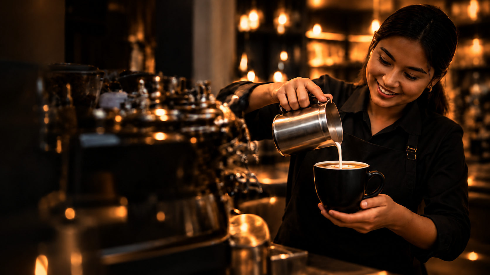 A smiling female barista pours steamed milk into a cup of coffee in a dimly lit coffee shop.