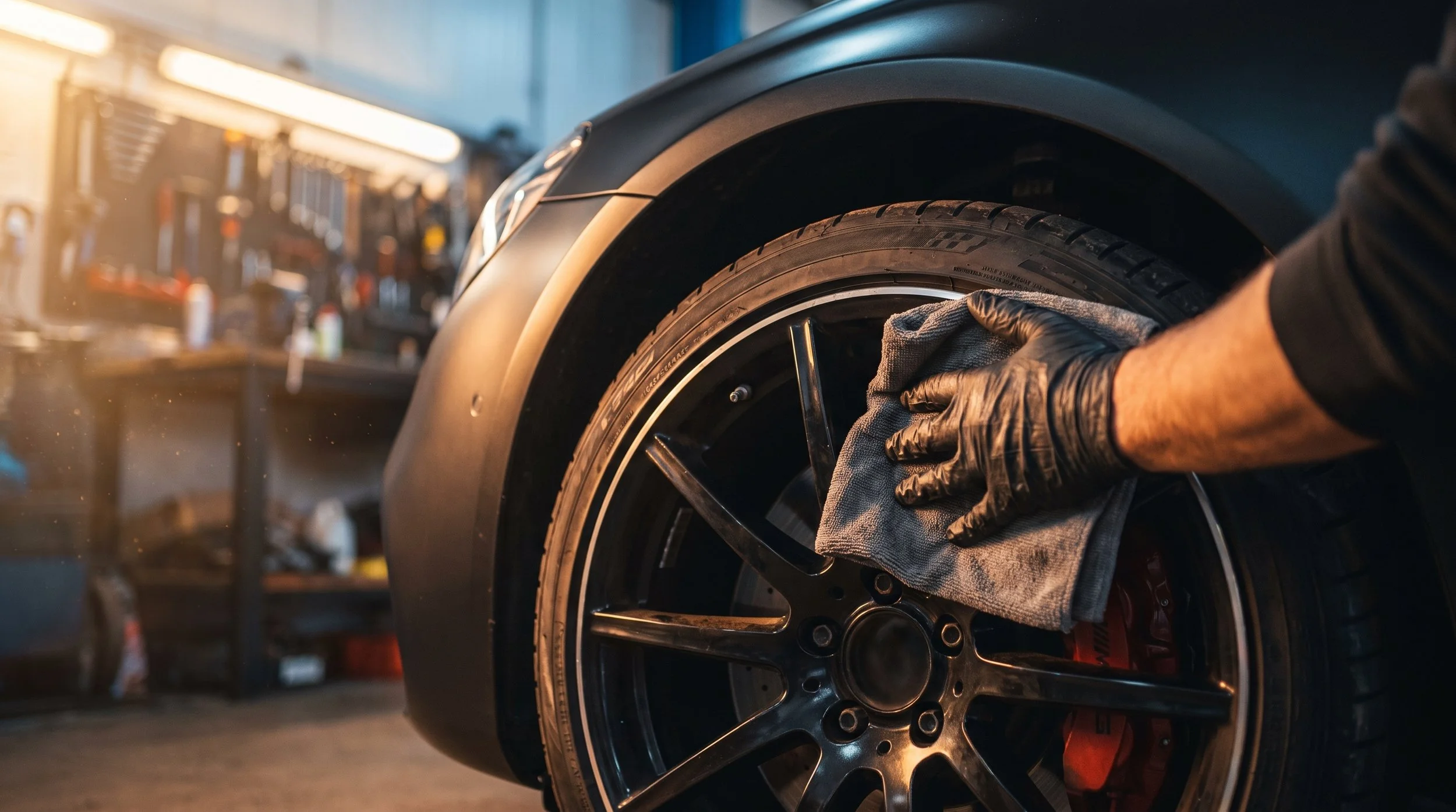 Person changing a car tire in a workshop, using a wrench and wearing black gloves.