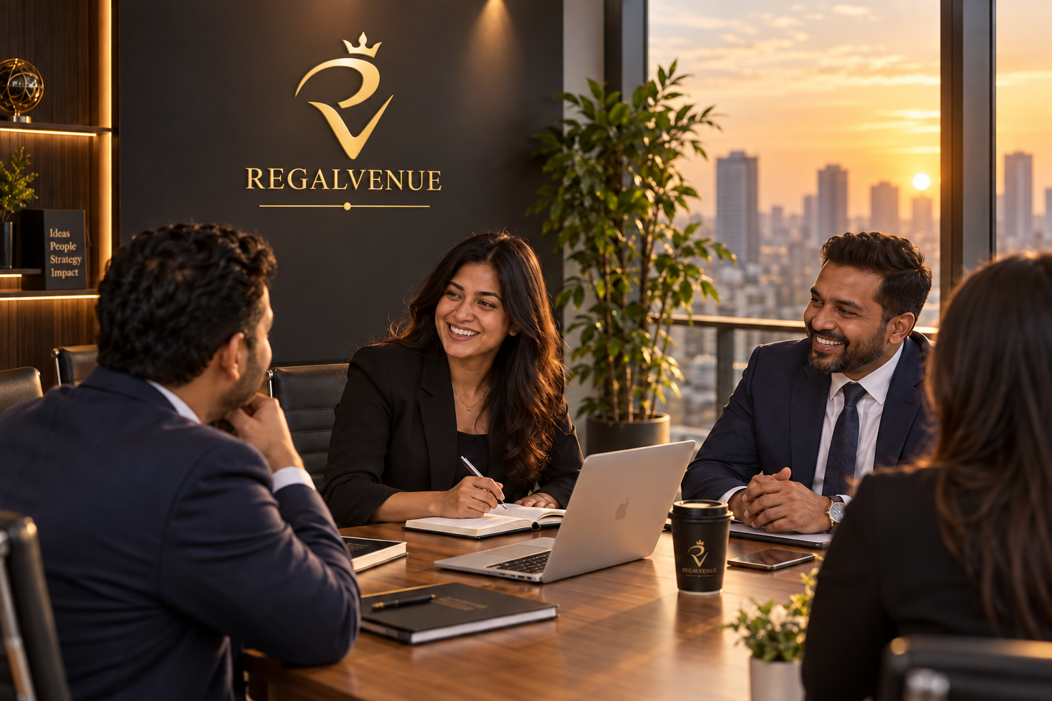Four business professionals in formal attire engaged in a discussion around a wooden table in a high-rise office with a city skyline at sunset in the background. There is a woman with dark hair smiling, a man with a beard also smiling, and two others with their backs to the camera. The office has a black wall with the logo 'Regalvenue' and a crown symbol, along with books and plants.