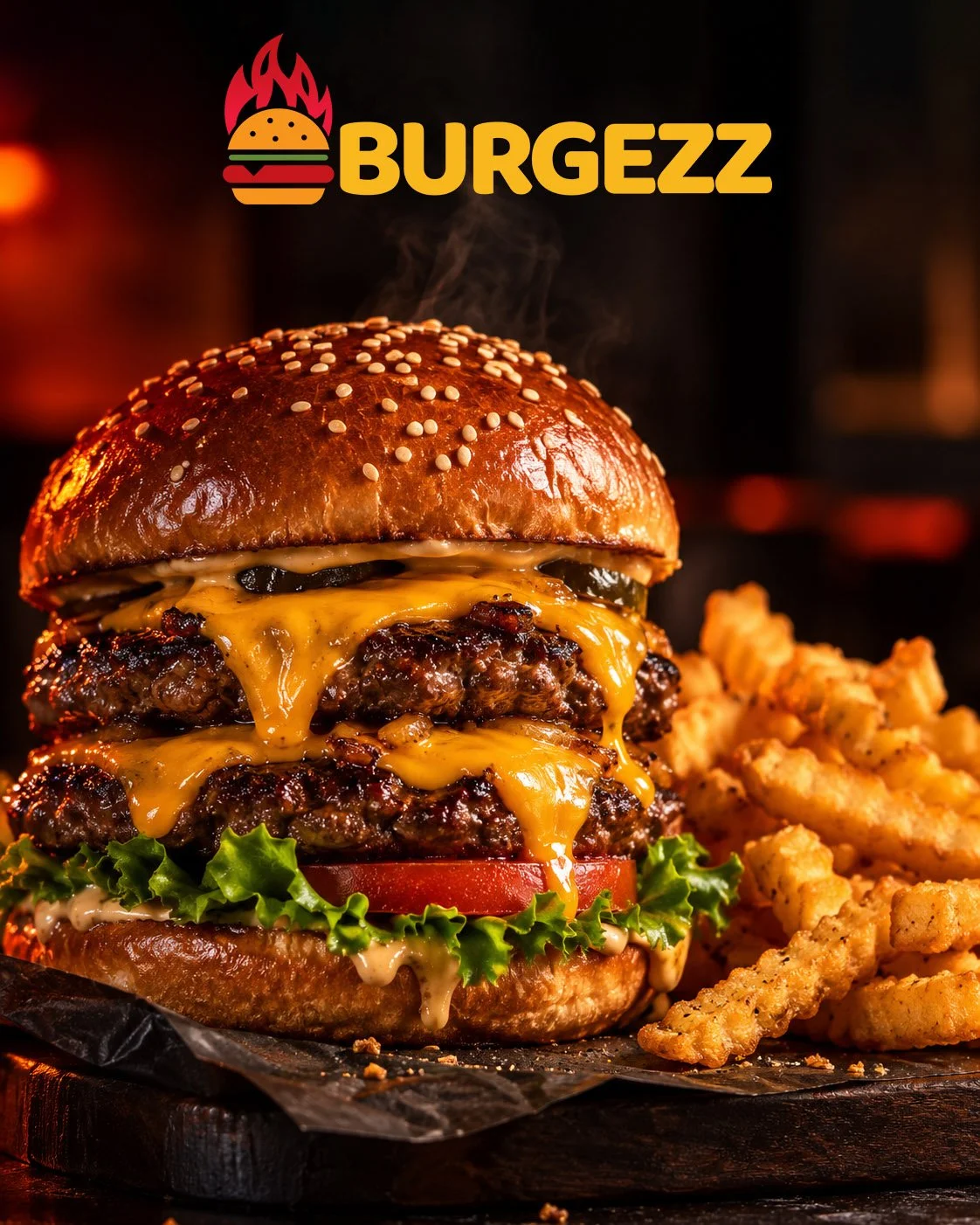 Close-up of a double cheeseburger with lettuce, tomato, and melted cheese, served with curly fries on the side.
