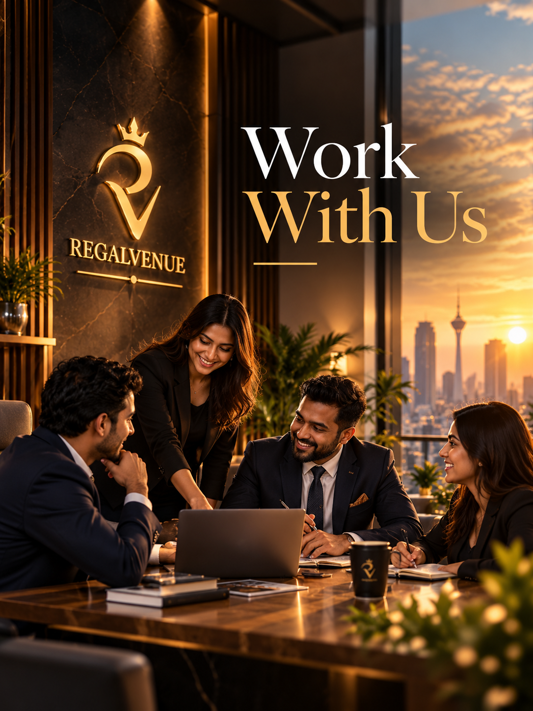 Business meeting in a modern office during sunset, with four diverse professionals discussing around a laptop, with a city skyline in the background and the text 'Work With Us' overlayed.