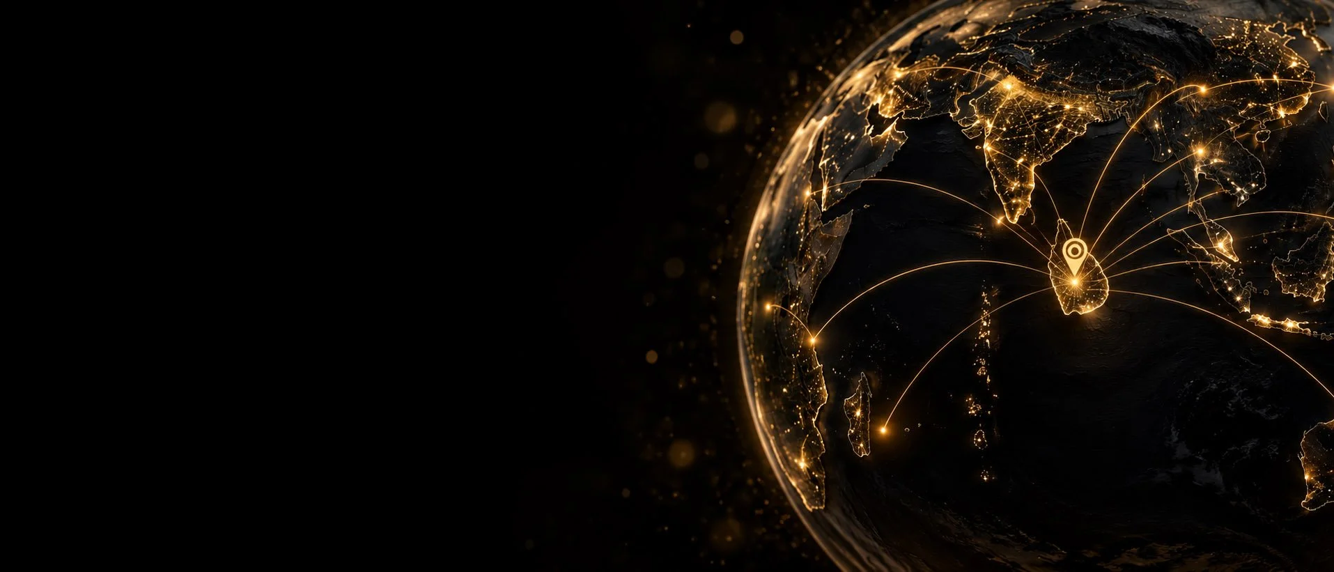 A digital image of Earth at night showing continents illuminated by city lights, with points of connection marked across Asia, Africa, and Europe, highlighting global digital connectivity.