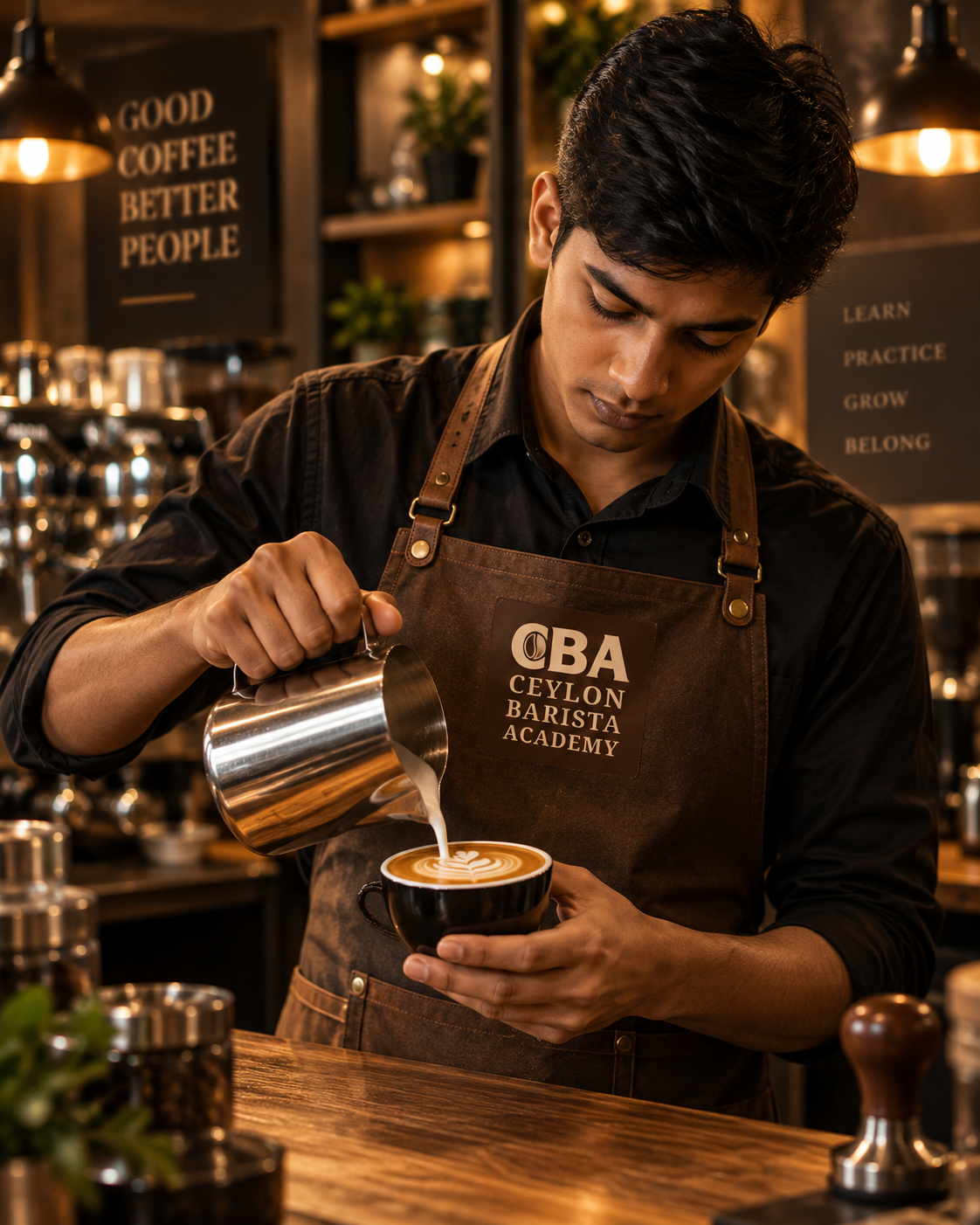 Barista pouring steamed milk into a cup of coffee to create latte art at CBA Ceylon Barista Academy, with warm lighting and coffee equipment in the background.