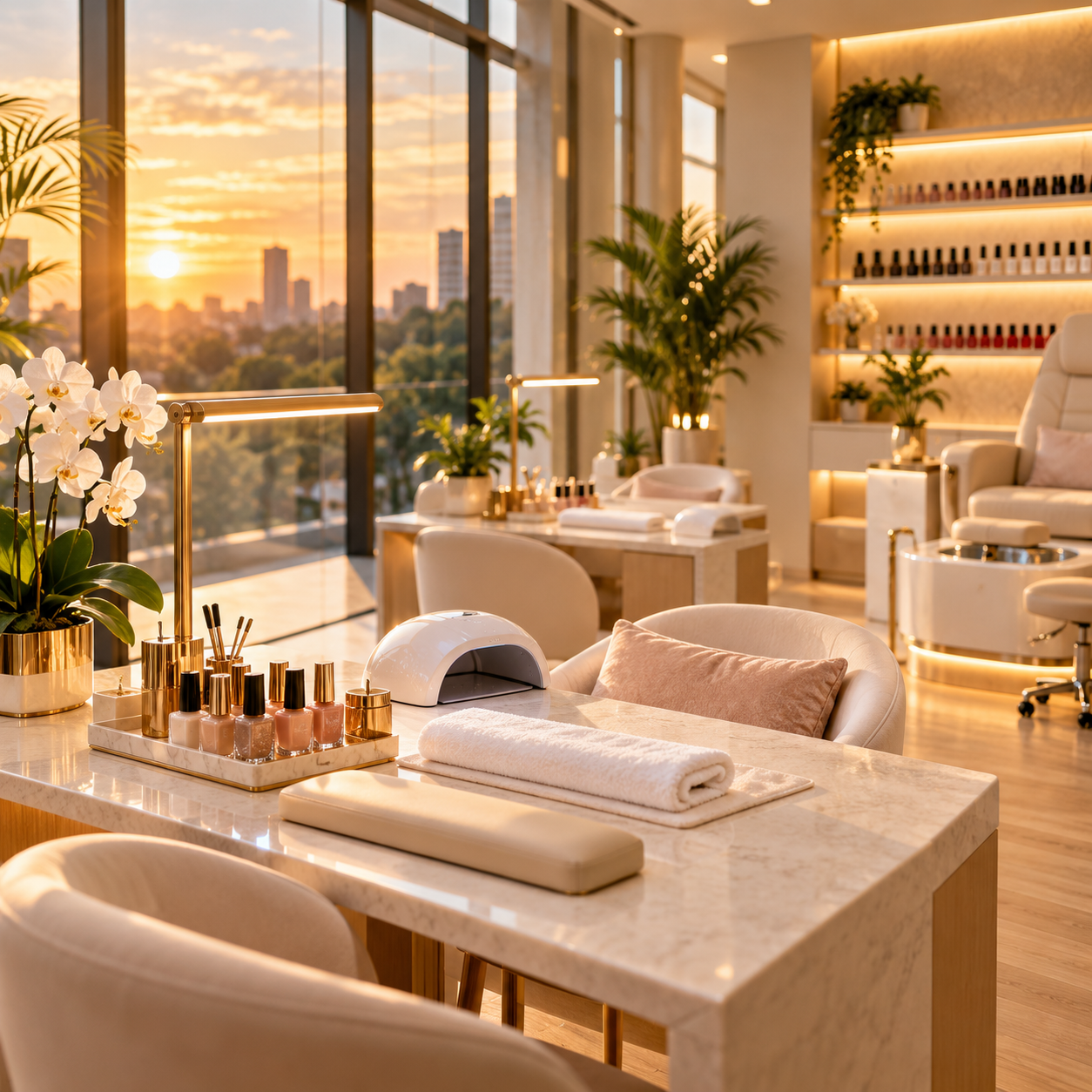 Interior of a modern nail salon with manicure stations, nail polish bottles, a large window with a city view at sunset, plants, and elegant decor.