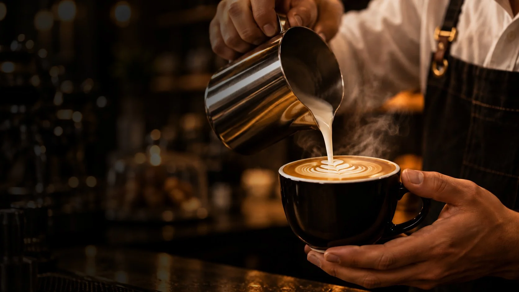 A barista pours steamed milk into a cup of coffee, creating latte art with a design on top, in a dimly lit cafe.