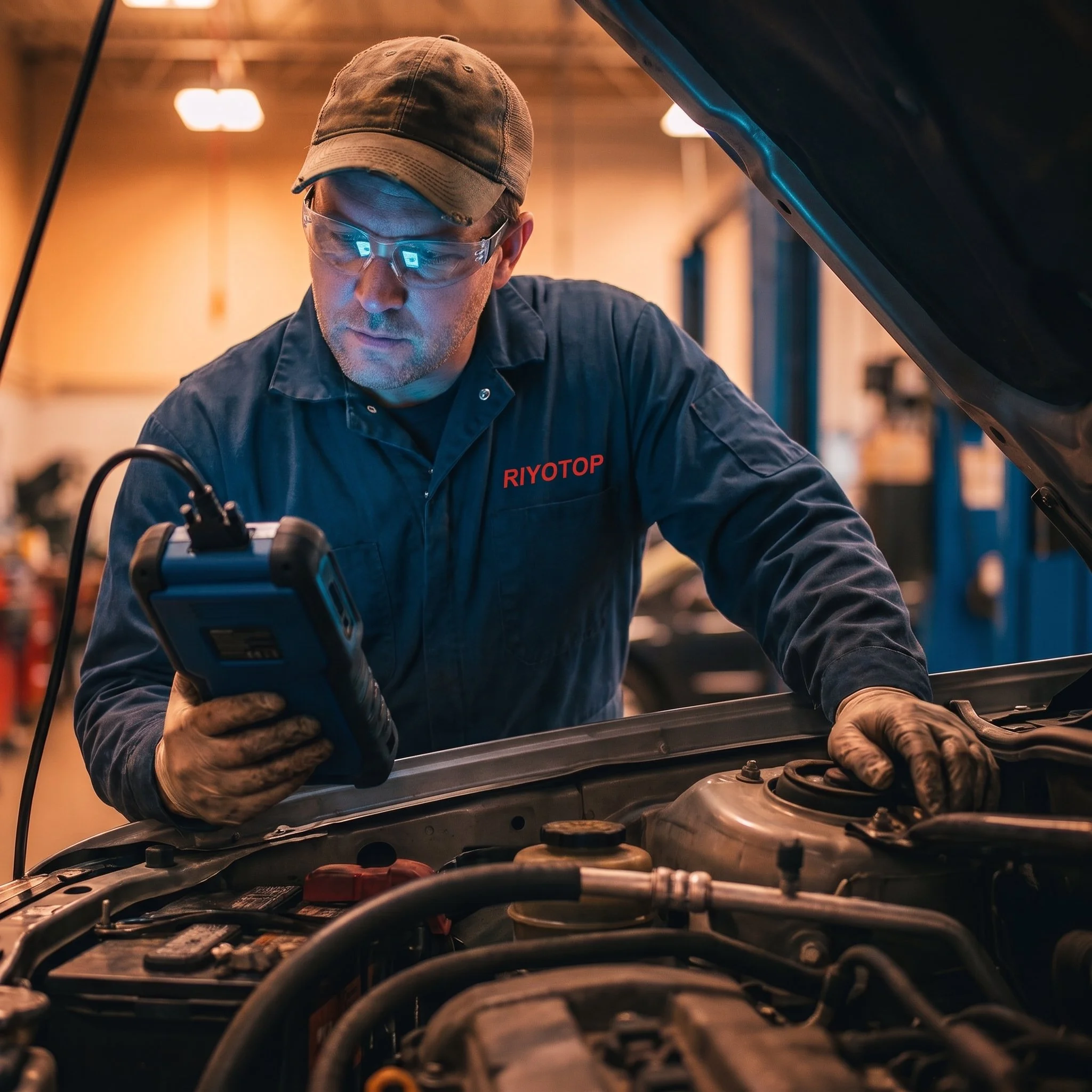 A mechanic wearing a brown cap, safety glasses, and a dark blue uniform with the word RIYOTOP on it, working under the hood of a car in a workshop. The background shows warm indoor lighting with some blurred workshop elements.