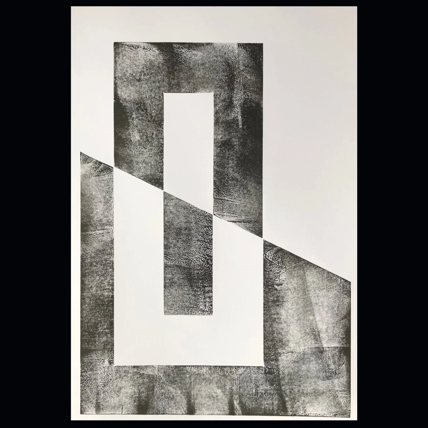 Black and white abstract geometric artwork featuring a large rectangle with an inner cutout, and diagonal lines creating divisions and texture.