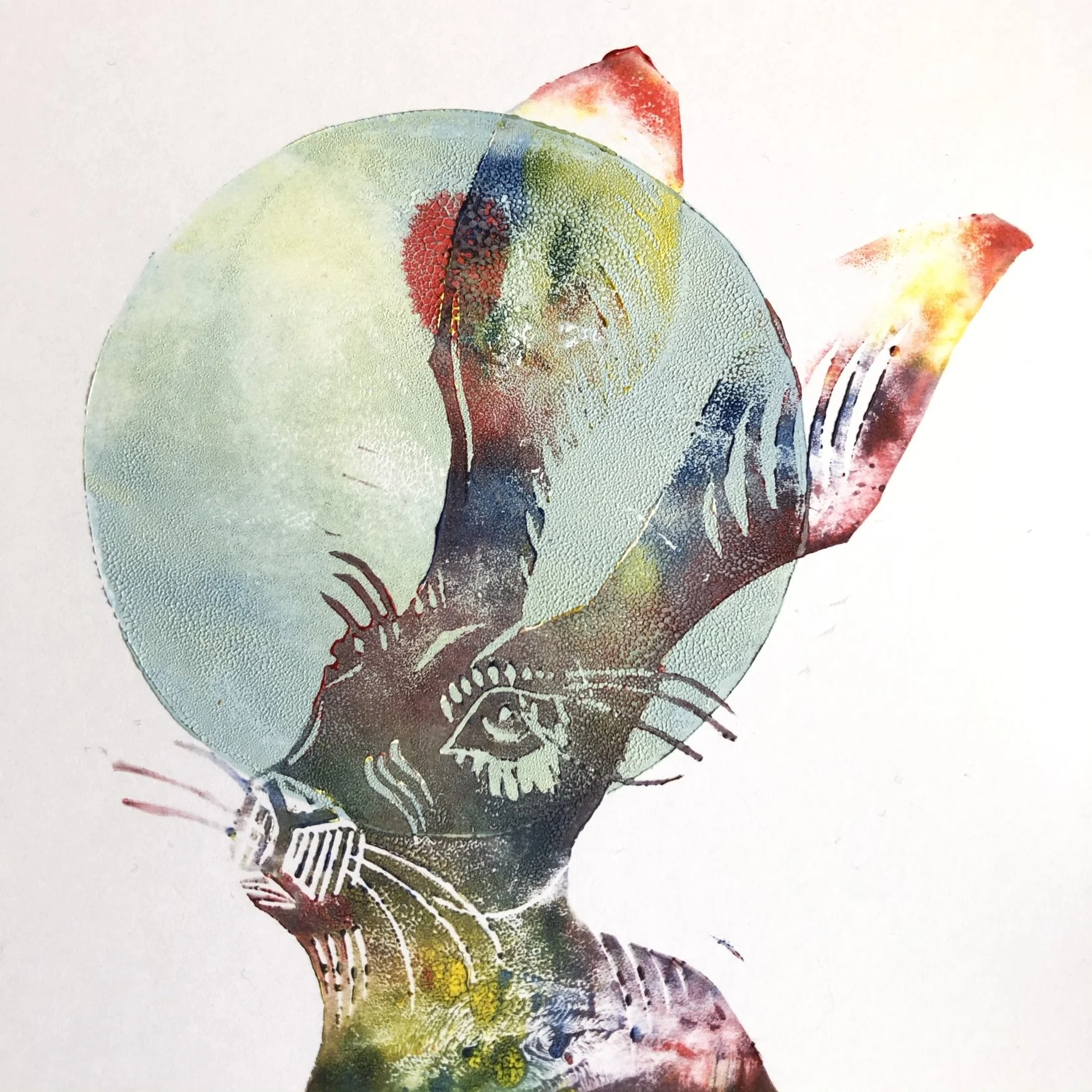 Watercolor illustration of a cat with a skeleton visible inside its body, set within a circular frame.
