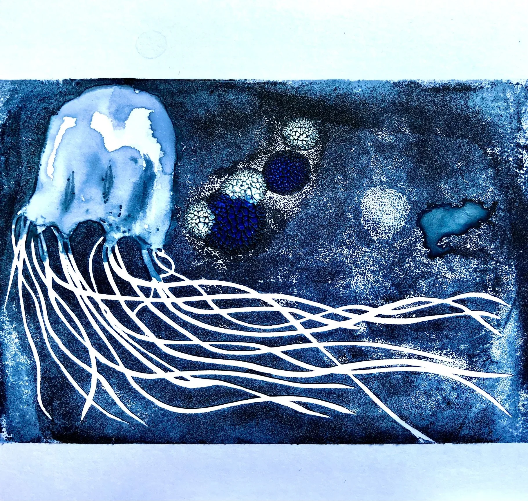 An artistic watercolor painting featuring a jellyfish with flowing tentacles on a dark blue ocean background, with abstract spherical formations and white curving lines across the bottom.
