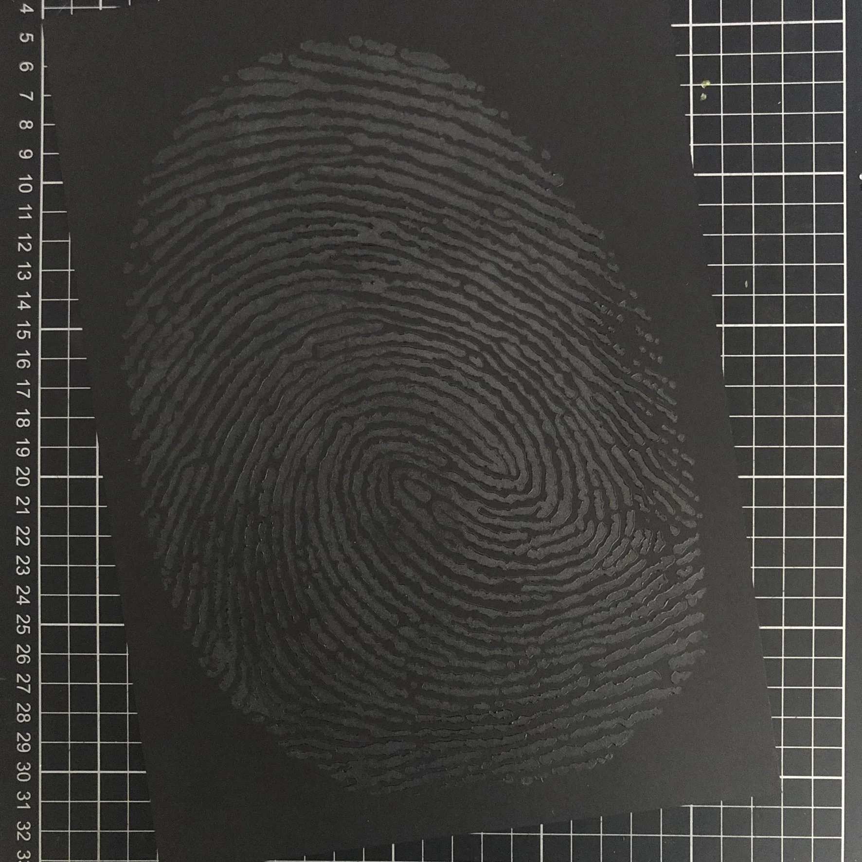 Close-up of a fingerprint on a black background with measurement and grid markings.