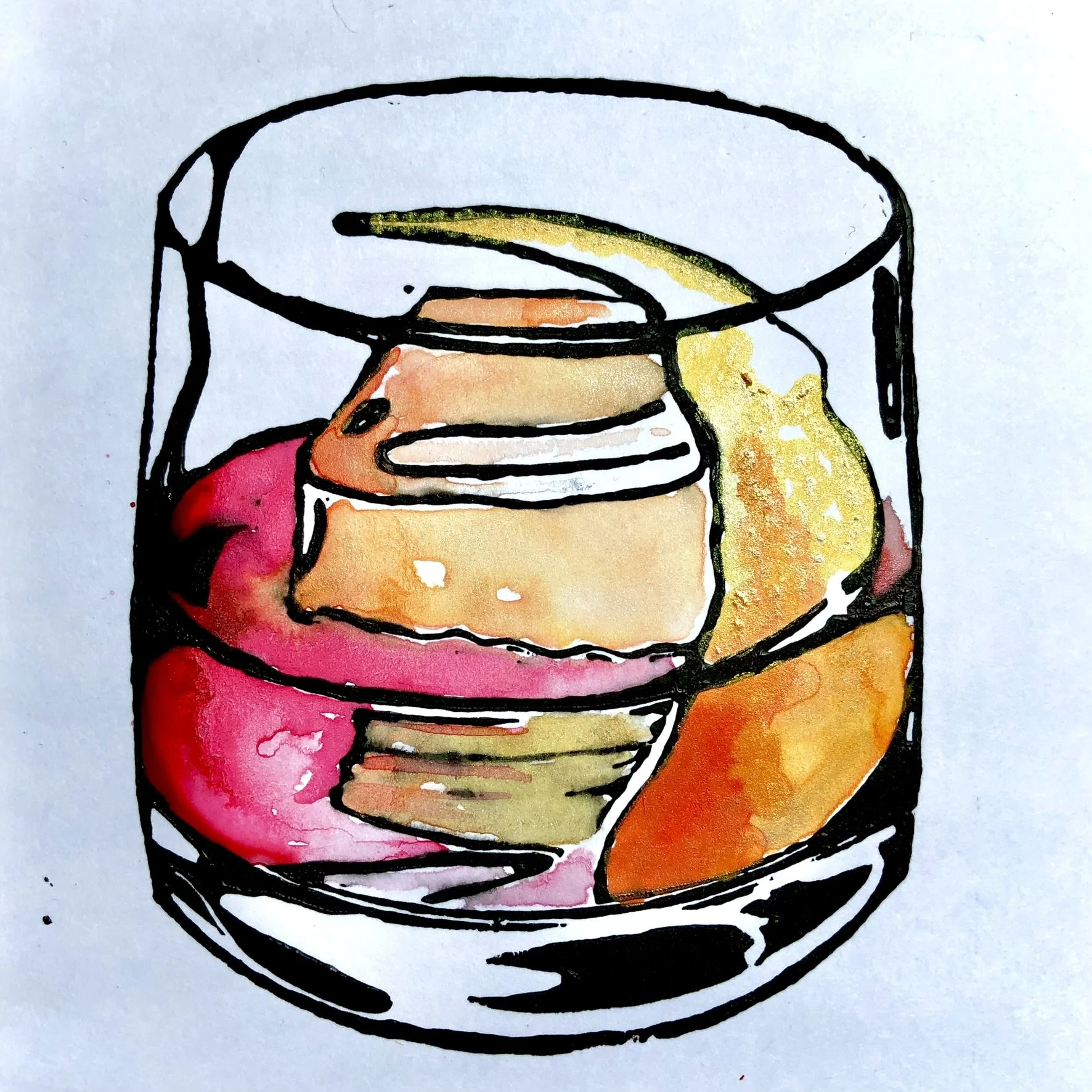 A colorful hand-drawn illustration of a glass with water and fruit slices, including lemon, orange, and a red berry, all depicted with bold black outlines and watercolor-style coloring.