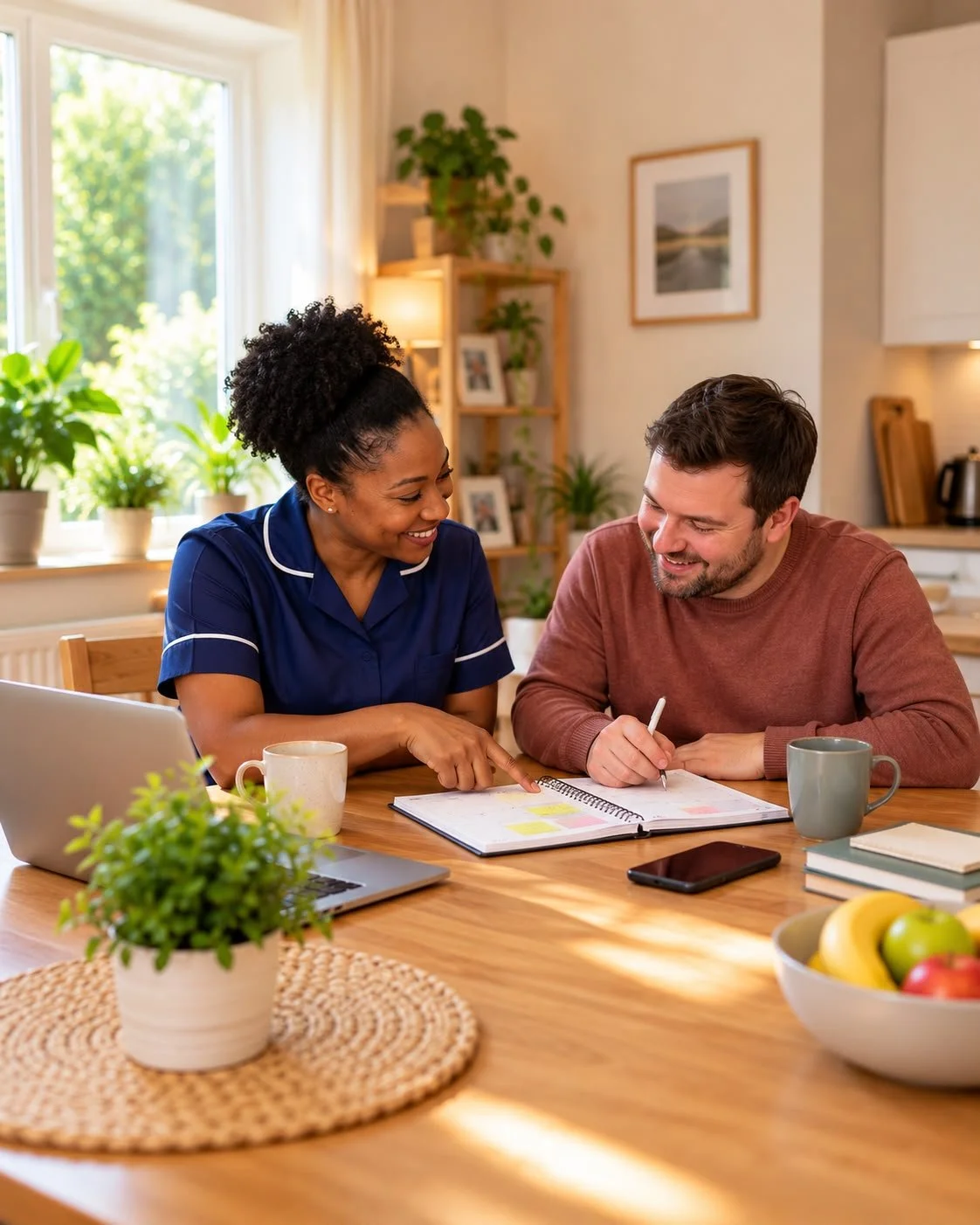 woman and man at the table : support worker helping a customer with everyday planning and paperwork at home