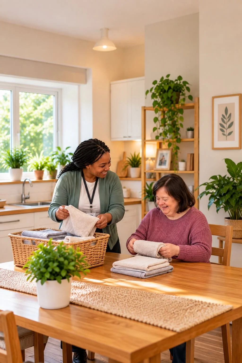 Support worker helping with laundry and everyday household task at home