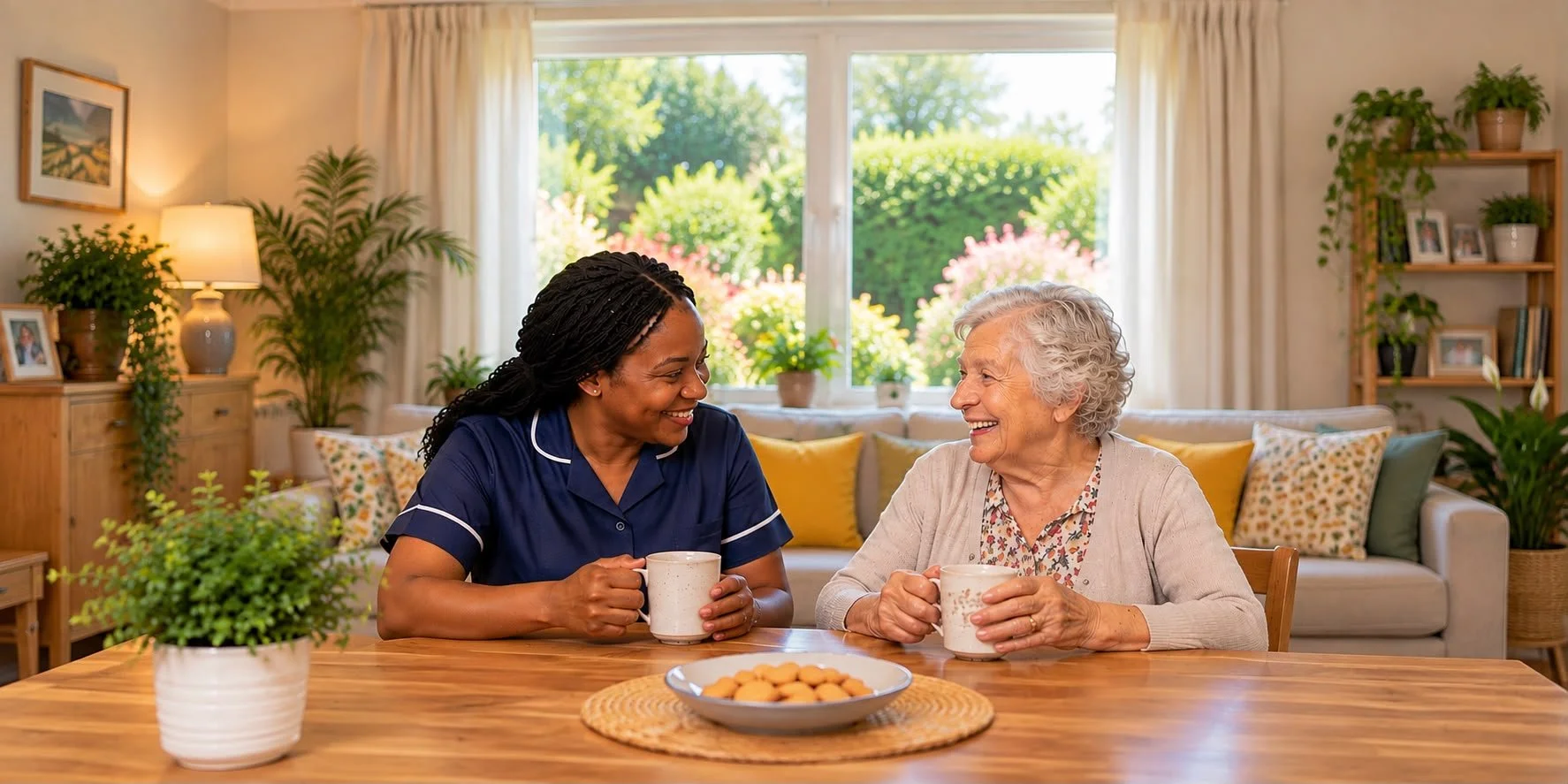 Companionship support with an older woman enjoying conversation at home