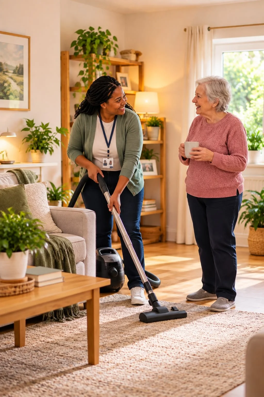 A woman with dreadlocks vacuuming a living room while talking to an older woman holding a mug and smiling.