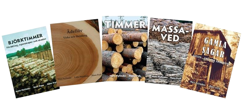Five different books about wood and forestry topics, with covers showing wood logs, wood piles, and forest scenes.