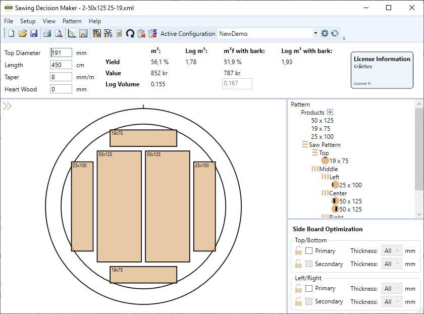 Diagram of a saw blade with labeled sections and pattern details for wood cutting, including various measurements and configurations.