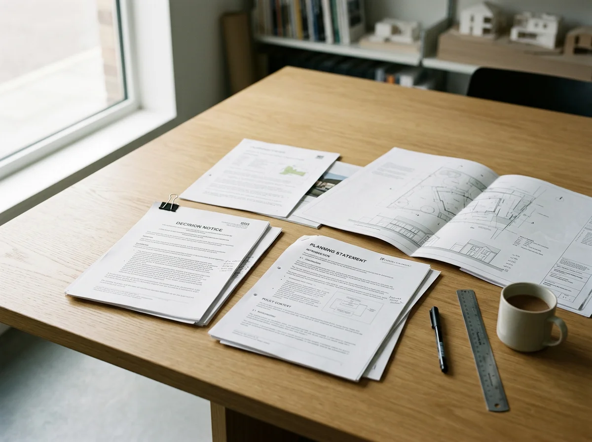 An office table with architectural blueprints, printed documents, a pen, a ruler, and a cup of coffee.