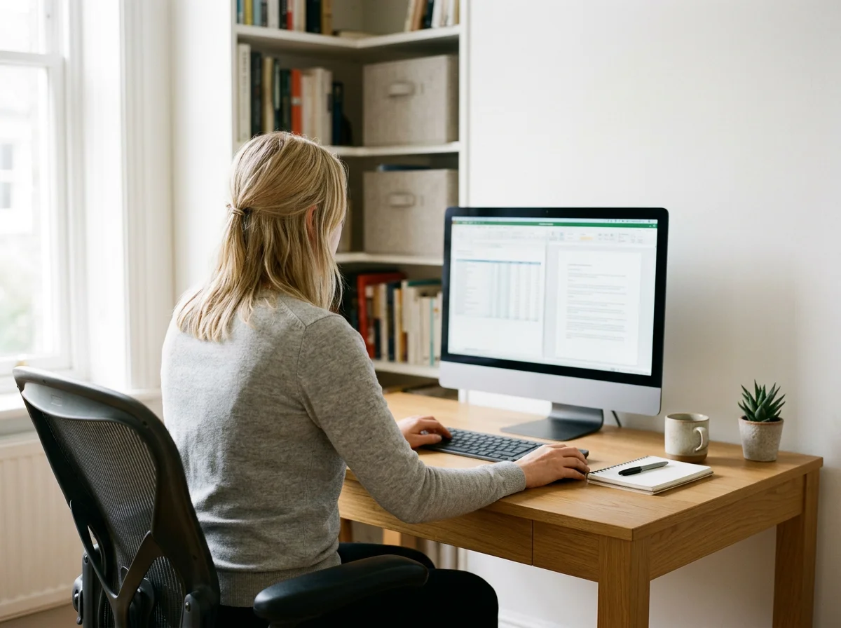 A woman working at a desk using a desktop computer in a room with a bookshelf, plants, and office supplies. Dedicated to high quality and sound reasoning informing appeals